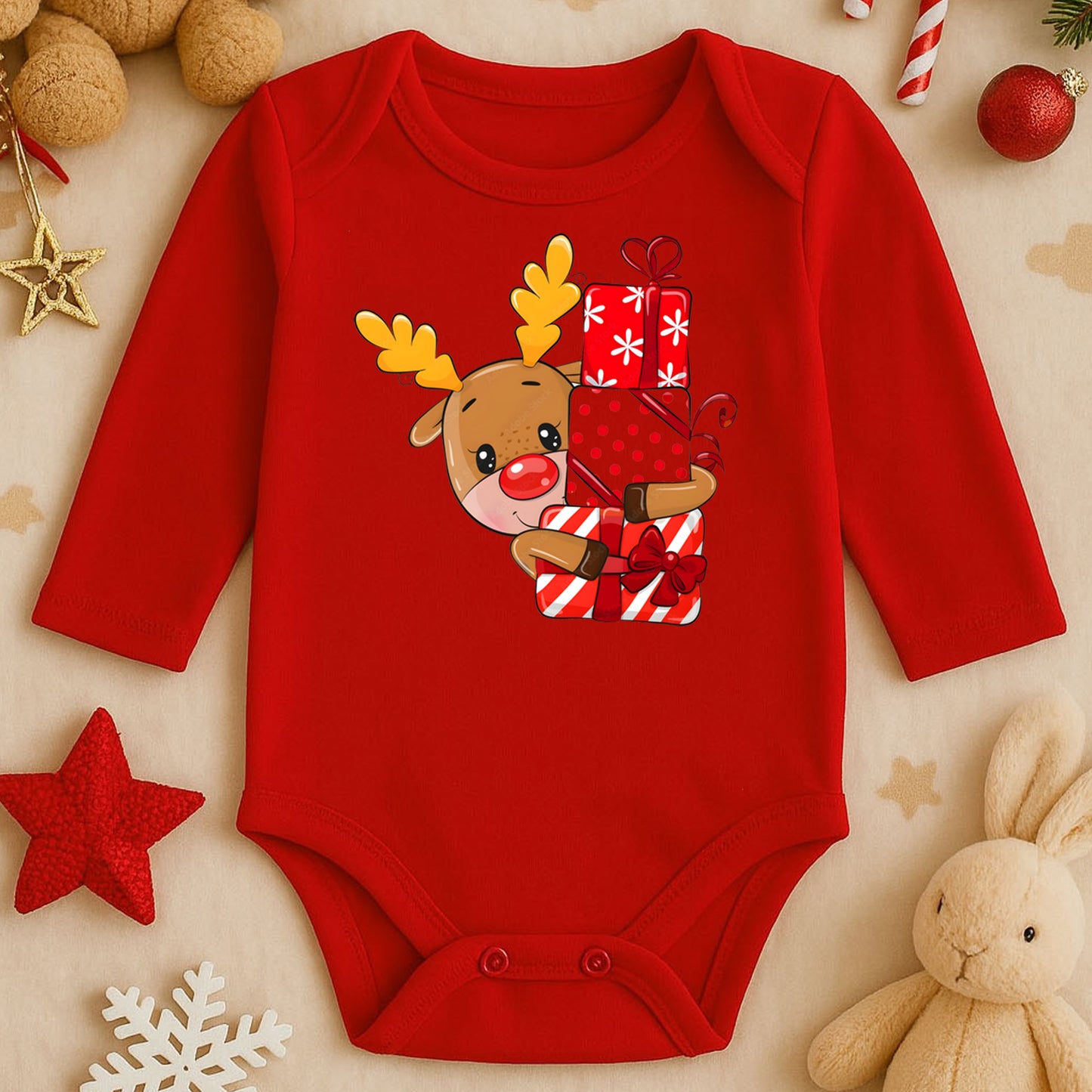 Hediyelerle Sevimli Geyik Desenli Bebek Zıbını – Yılbaşı & Noel Teması | 1–36 Ay