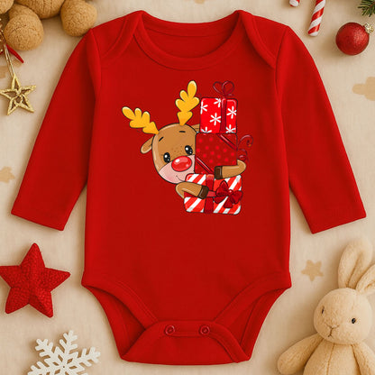 Hediyelerle Sevimli Geyik Desenli Bebek Zıbını – Yılbaşı & Noel Teması | 1–36 Ay