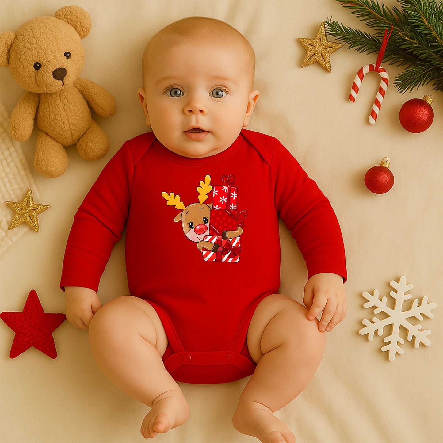 Hediyelerle Sevimli Geyik Desenli Bebek Zıbını – Yılbaşı & Noel Teması | 1–36 Ay