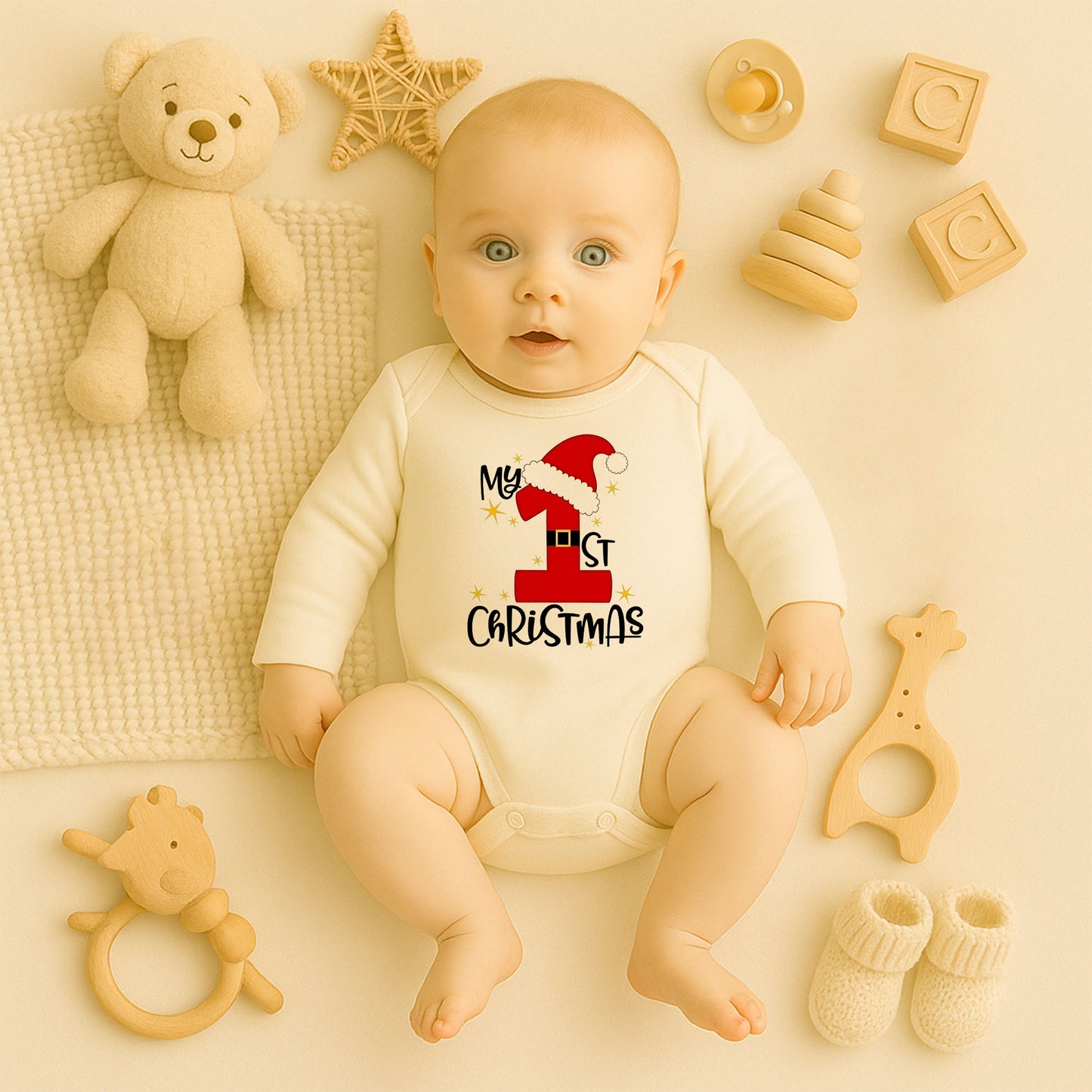 My 1st Christmas Baskılı Bebek Zıbını – İlk Yılbaşı Temalı Noel Tasarımı | 1–36 Ay