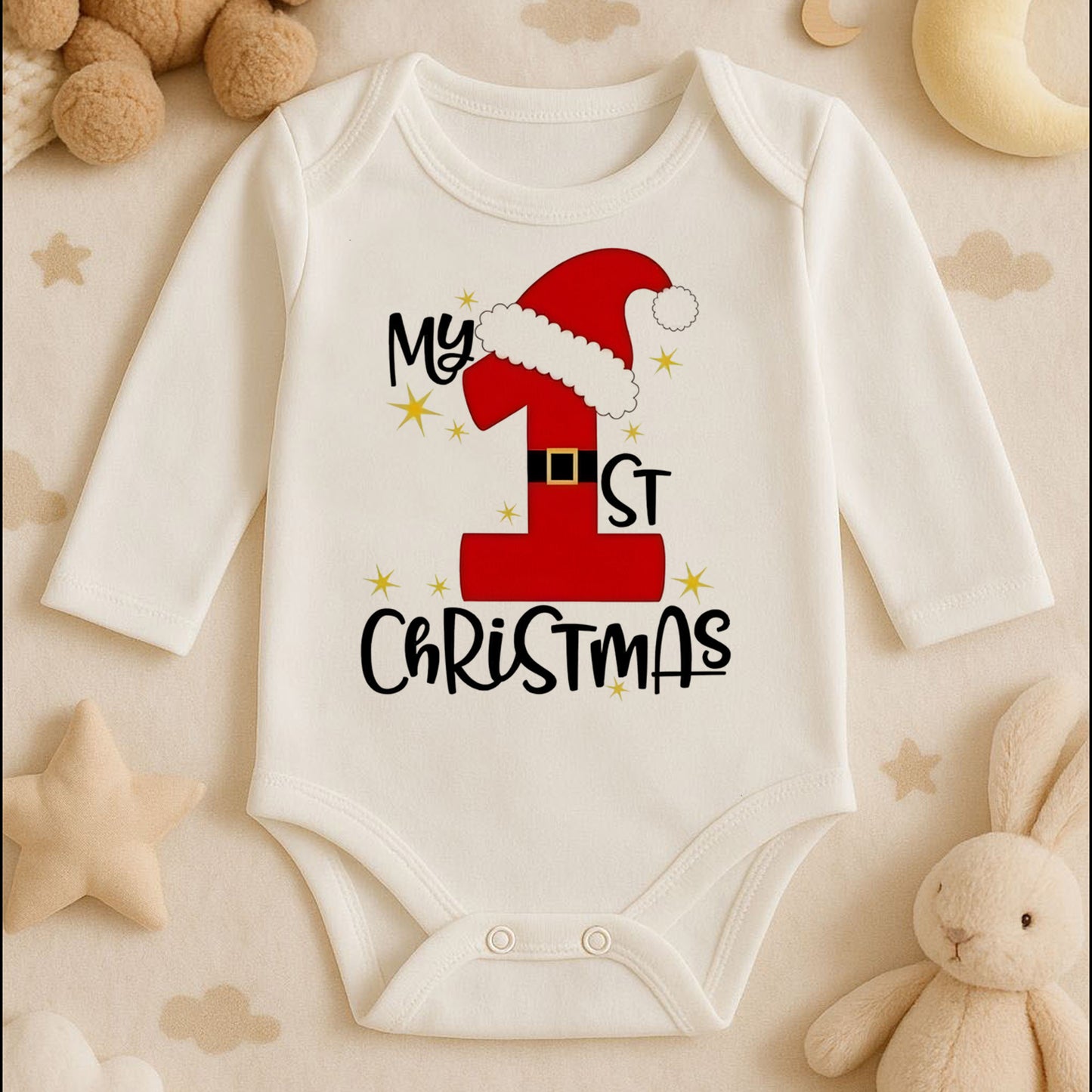 My 1st Christmas Baskılı Bebek Zıbını – İlk Yılbaşı Temalı Noel Tasarımı | 1–36 Ay