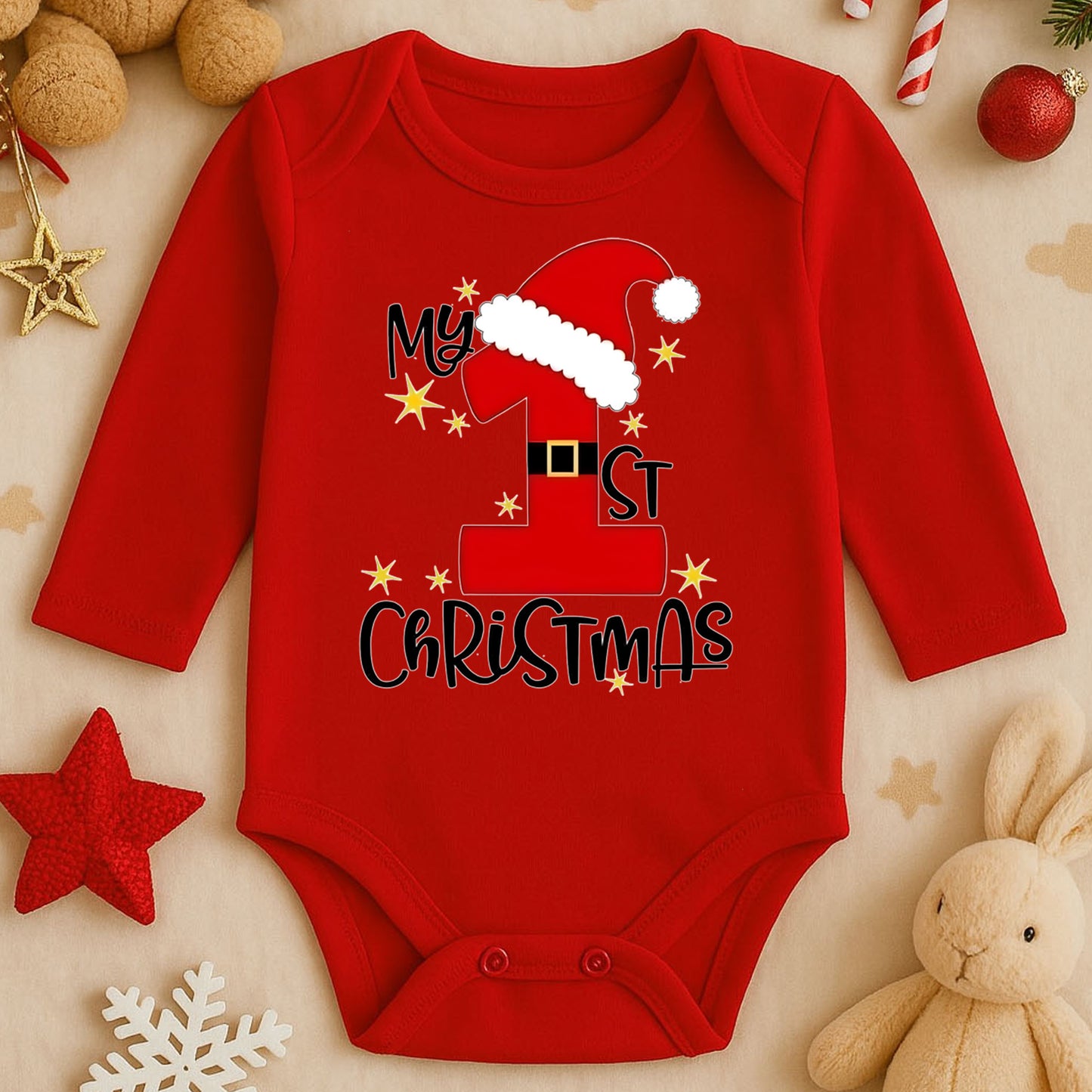 My 1st Christmas Baskılı Bebek Zıbını – İlk Yılbaşı Temalı Noel Tasarımı | 1–36 Ay