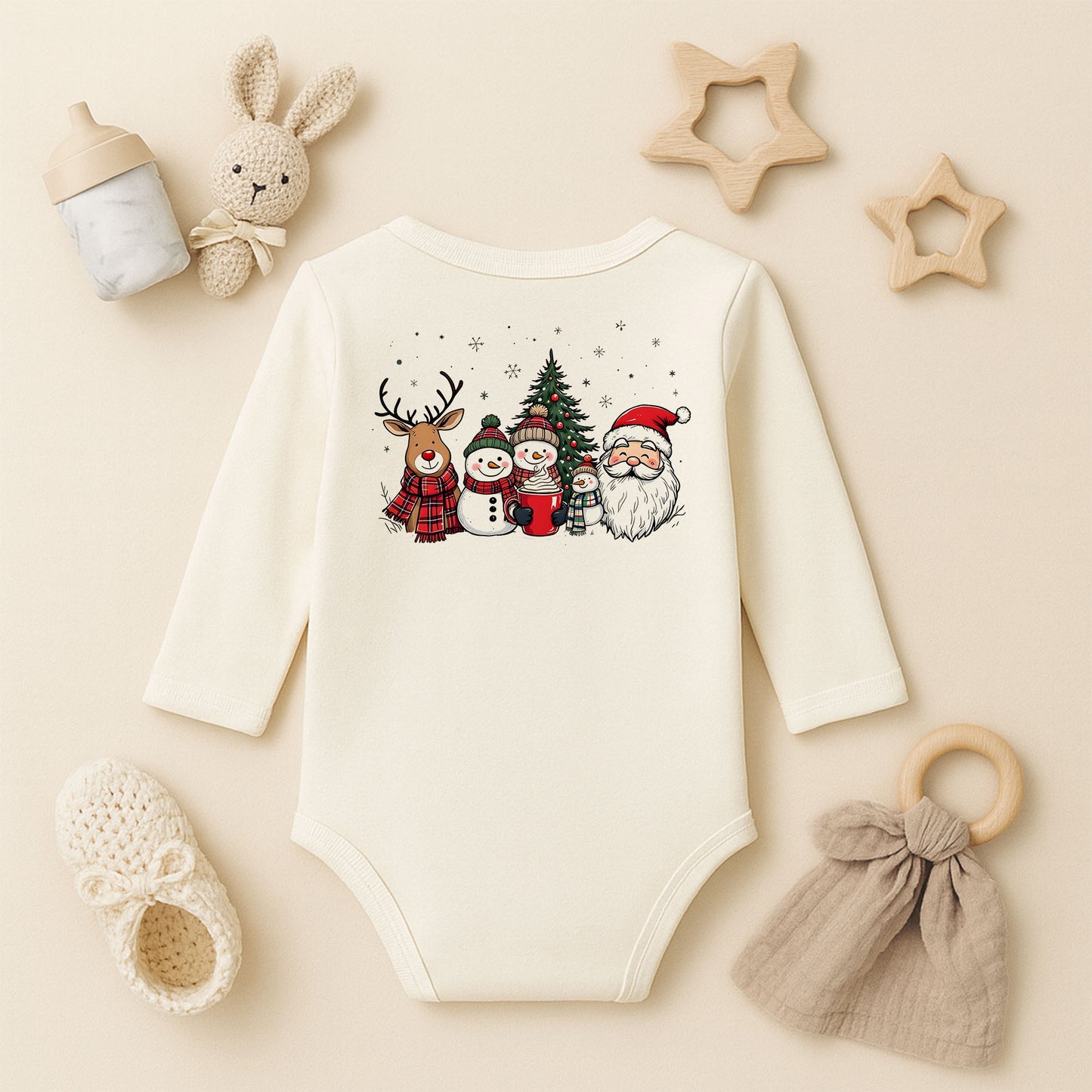 Noel Ailesi & Kış Dostları Baskılı Tişört – Geyik, Kardan Adam & Noel Baba Temalı Yılbaşı Tasarımı