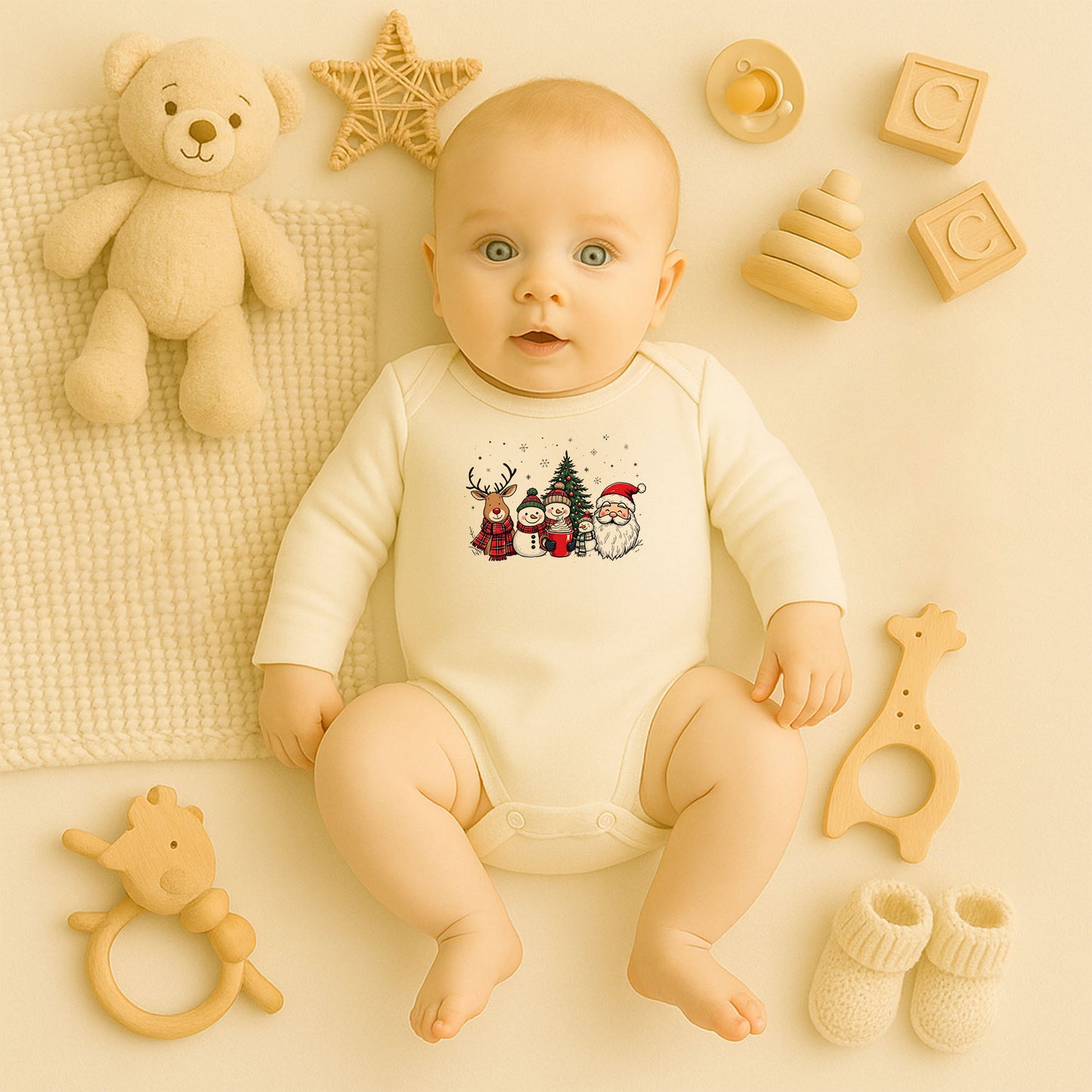 Noel Ailesi & Kış Dostları Baskılı Tişört – Geyik, Kardan Adam & Noel Baba Temalı Yılbaşı Tasarımı