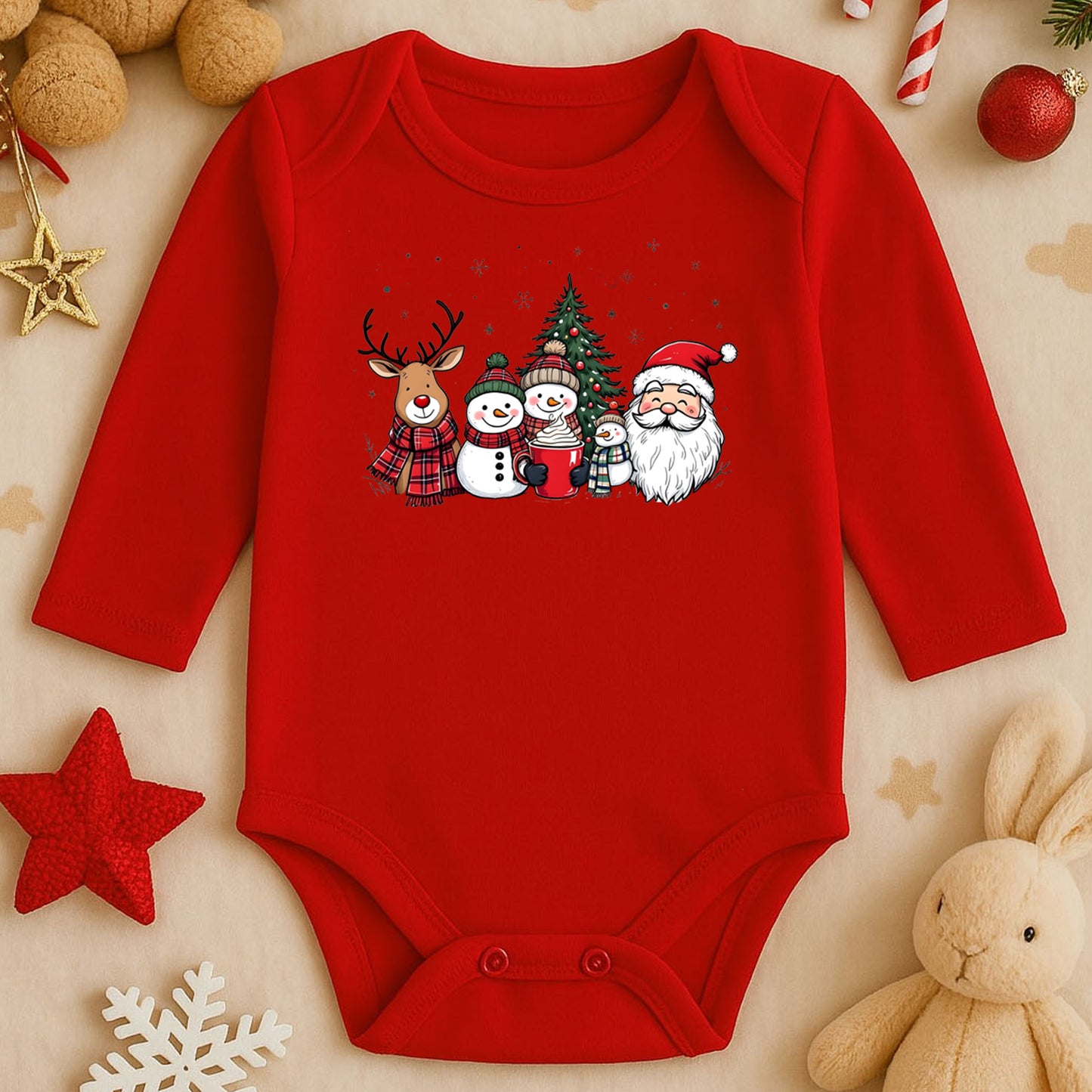 Noel Ailesi & Kış Dostları Baskılı Tişört – Geyik, Kardan Adam & Noel Baba Temalı Yılbaşı Tasarımı