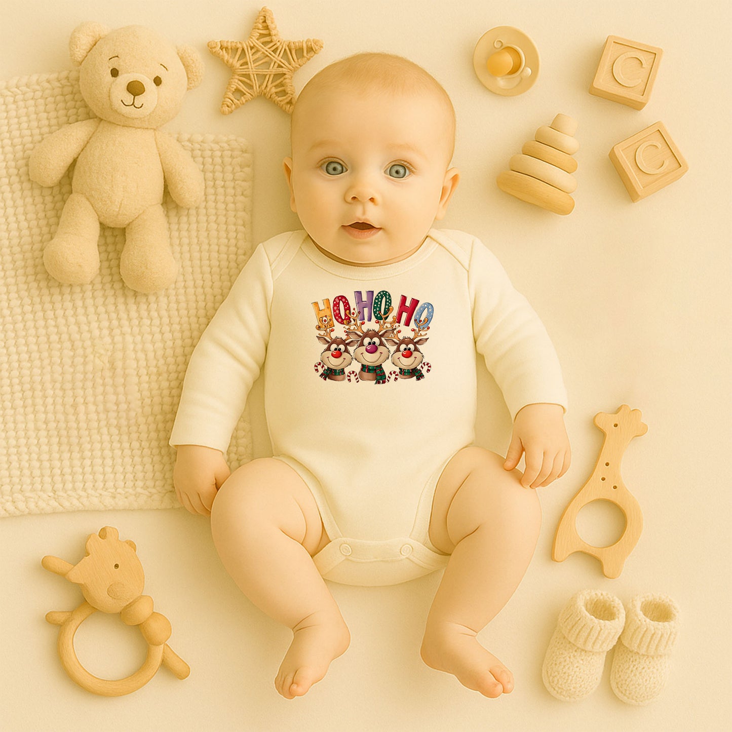 Ho Ho Ho Geyik Baskılı Tişört – Renkli Harfler & Eğlenceli Yılbaşı Tasarımı