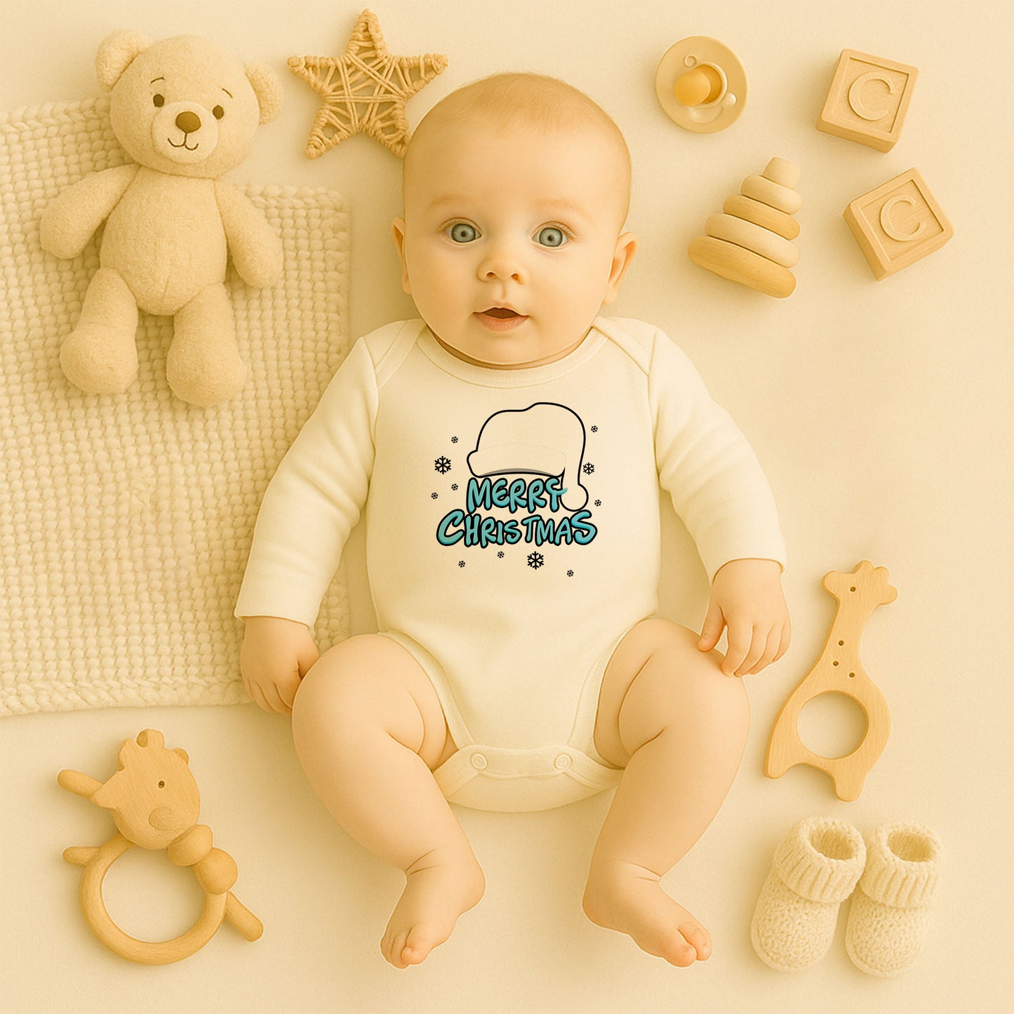 Merry Christmas Şapkalı Yazı Baskılı Tişört – Minimal & Şık Yılbaşı Tasarımı