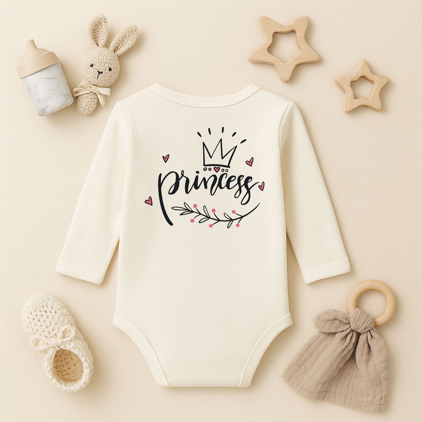 Princess Taç Tasarımlı Kişiye Özel Bebek Zıbını | 1-36 Ay, DTF Baskı, Hassas Cilt Uyumlu