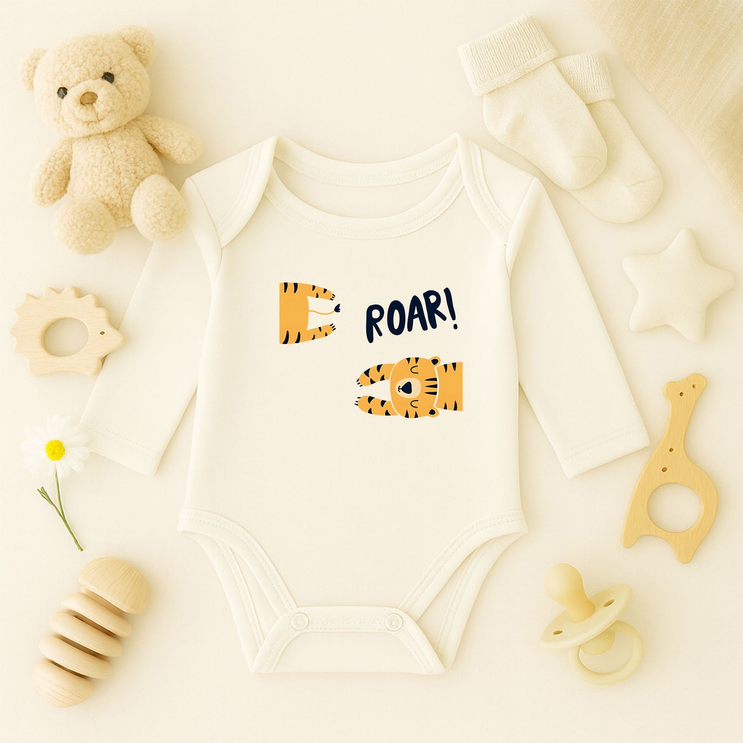 Roar Kaplan Tasarımlı Kişiye Özel Bebek Zıbını | 1–36 Ay, DTF Baskı, Hassas Cilt Uyumlu