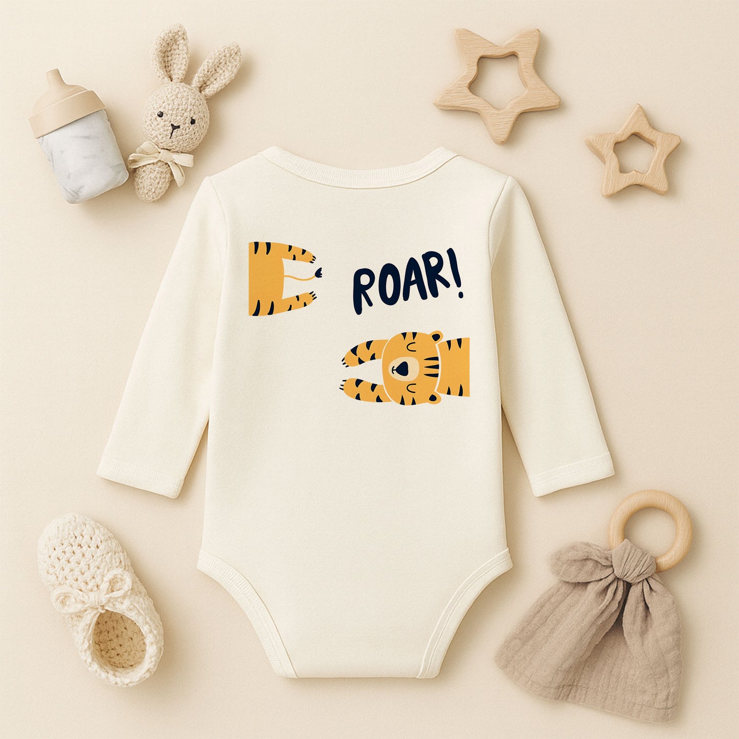 Roar Kaplan Tasarımlı Kişiye Özel Bebek Zıbını | 1–36 Ay, DTF Baskı, Hassas Cilt Uyumlu