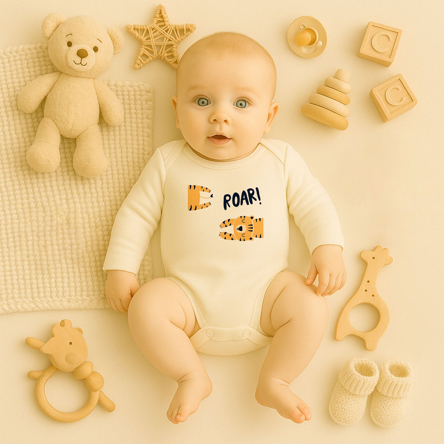 Roar Kaplan Tasarımlı Kişiye Özel Bebek Zıbını | 1–36 Ay, DTF Baskı, Hassas Cilt Uyumlu