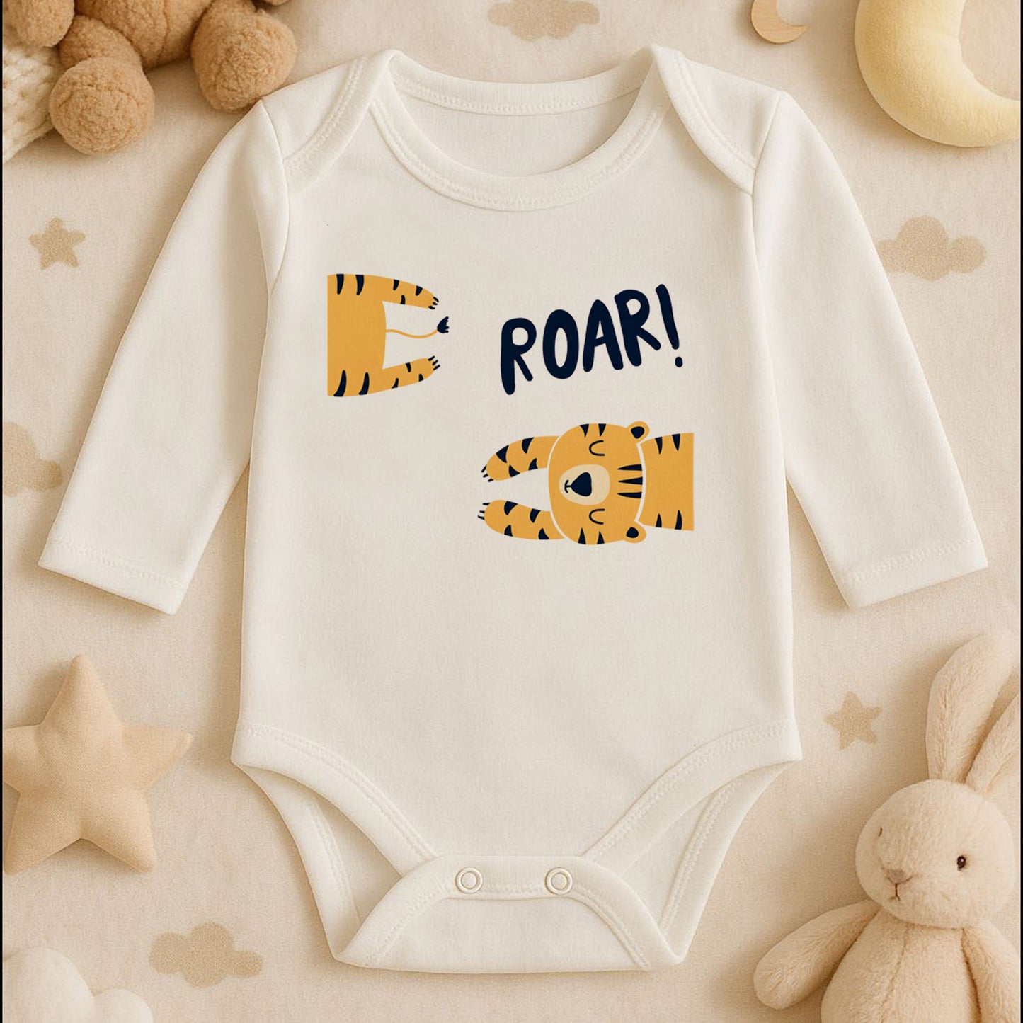 Roar Kaplan Tasarımlı Kişiye Özel Bebek Zıbını | 1–36 Ay, DTF Baskı, Hassas Cilt Uyumlu