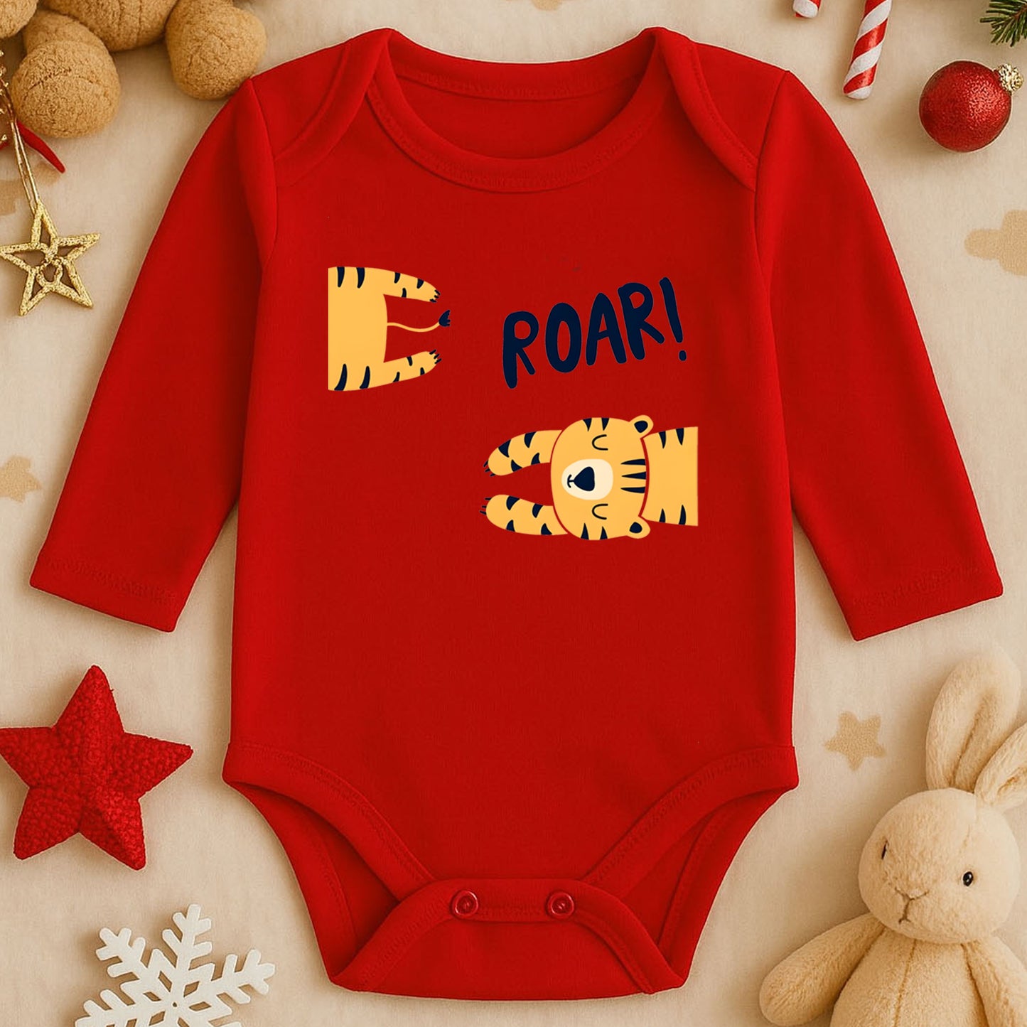 Roar Kaplan Tasarımlı Kişiye Özel Bebek Zıbını | 1–36 Ay, DTF Baskı, Hassas Cilt Uyumlu