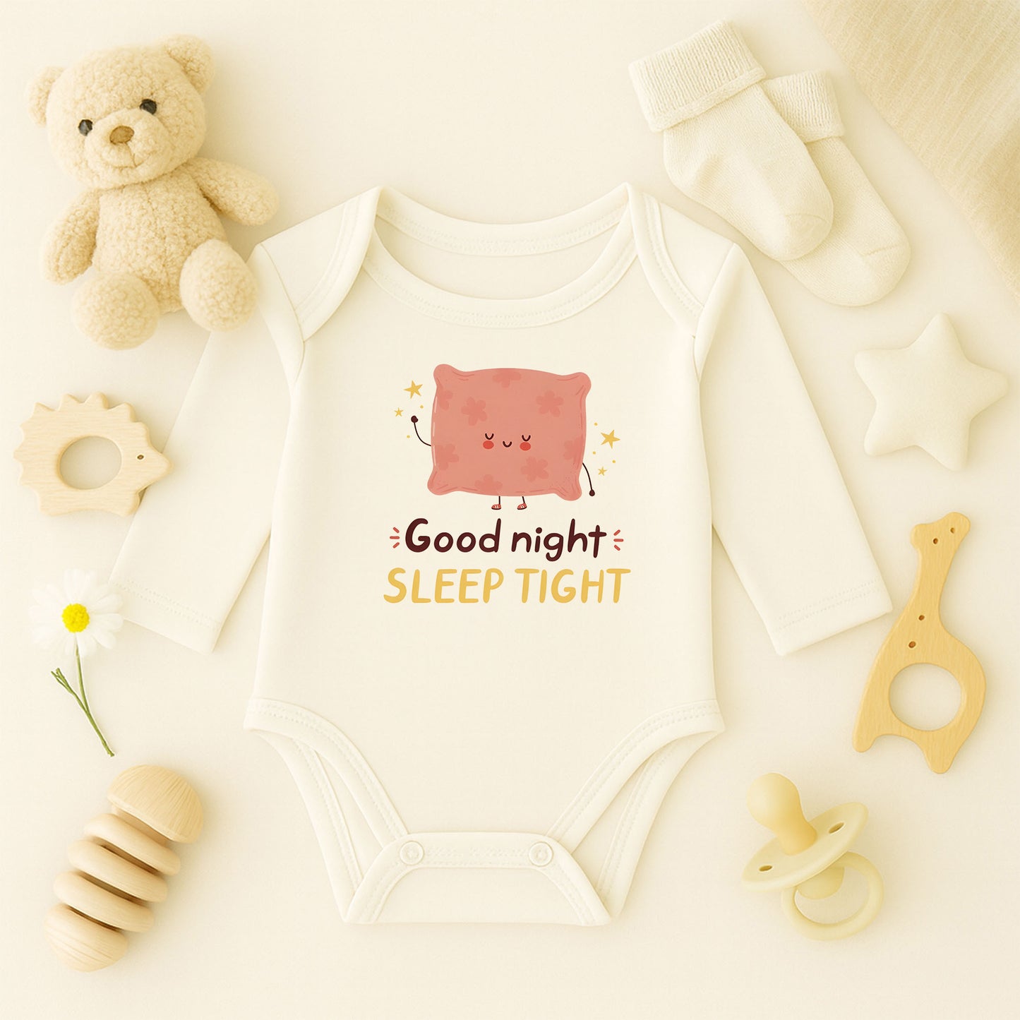 Good Night Sleep Tight Tasarımlı Bebek Zıbını | 1–36 Ay, DTF Baskı, Hassas Cilt Uyumlu