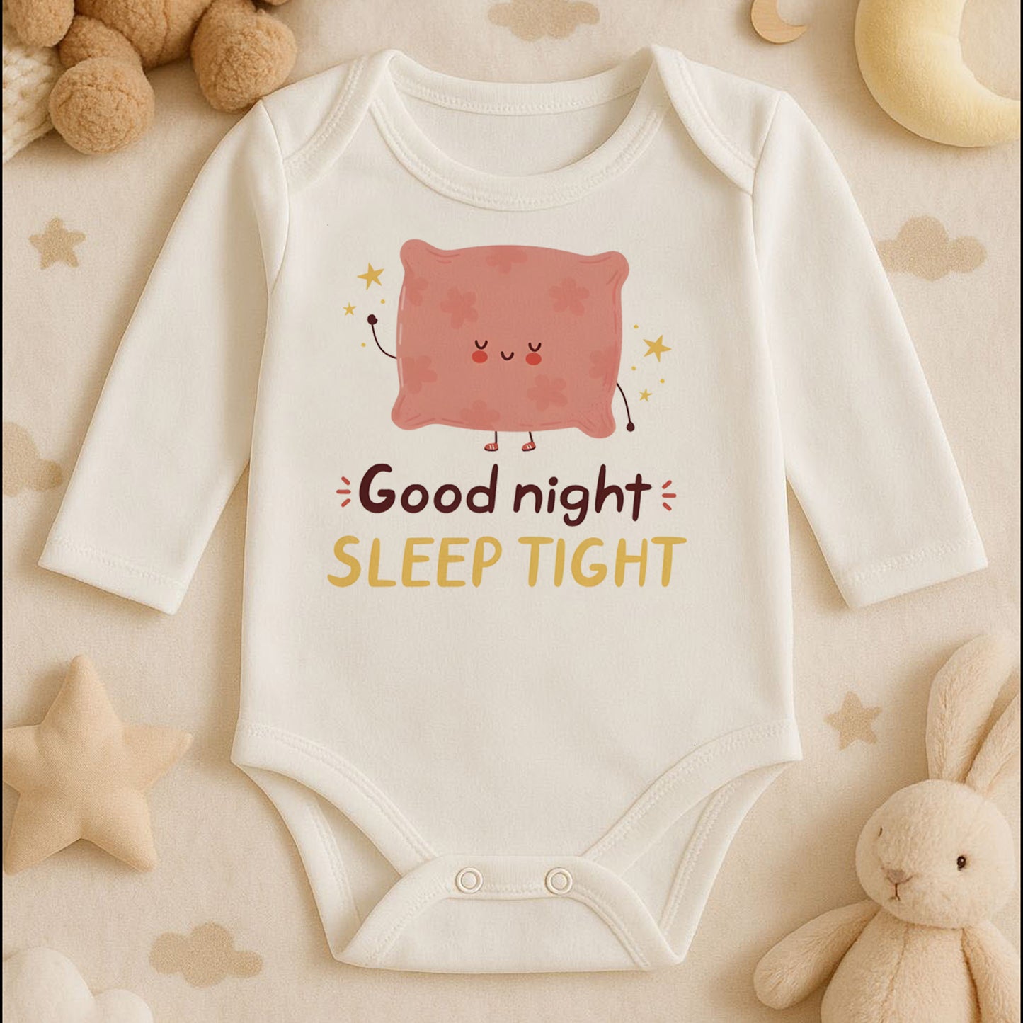 Good Night Sleep Tight Tasarımlı Bebek Zıbını | 1–36 Ay, DTF Baskı, Hassas Cilt Uyumlu