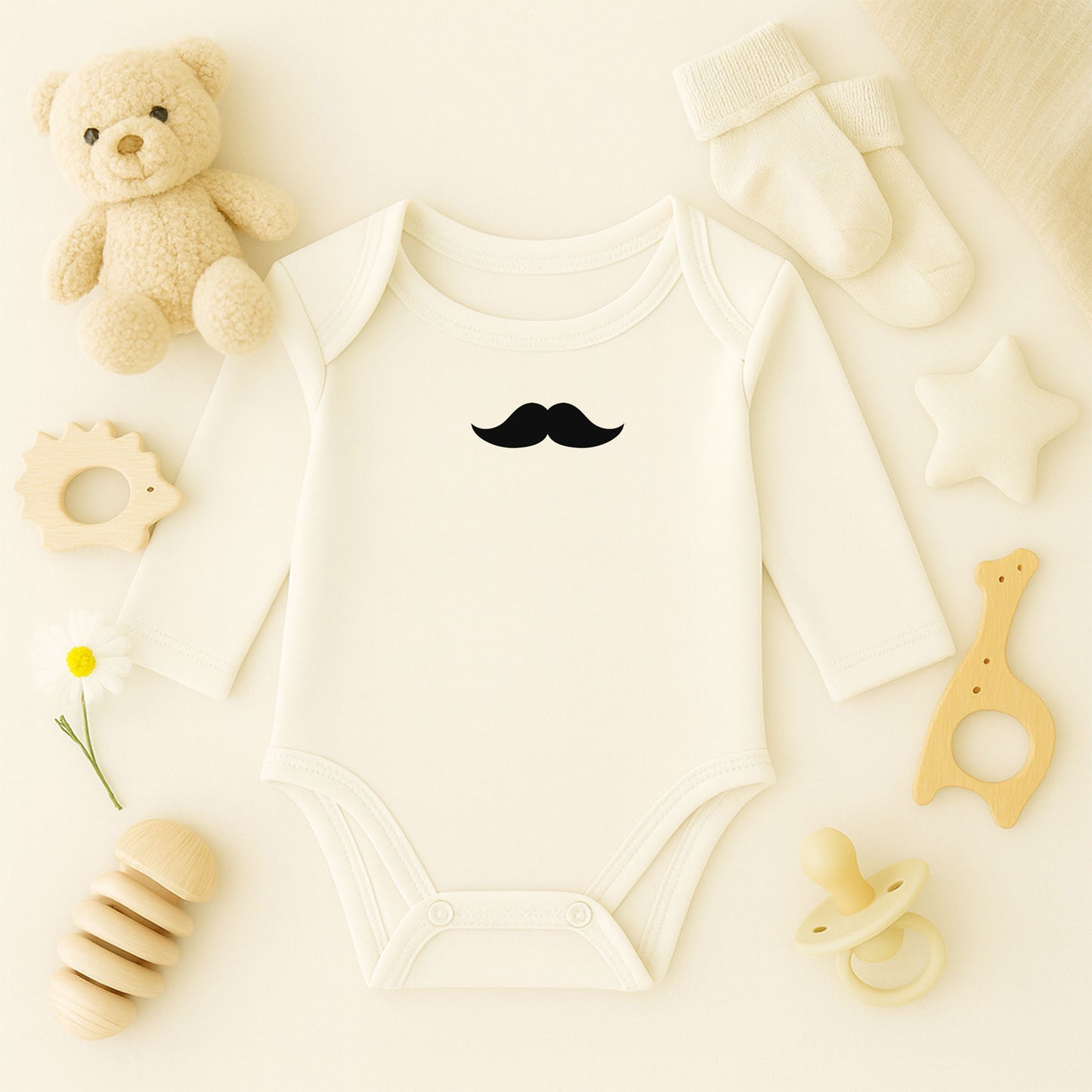 Bıyık Tasarımlı Bebek Zıbını | 1–36 Ay, DTF Baskı, Hassas Cilt Uyumlu, Eğlenceli Stil