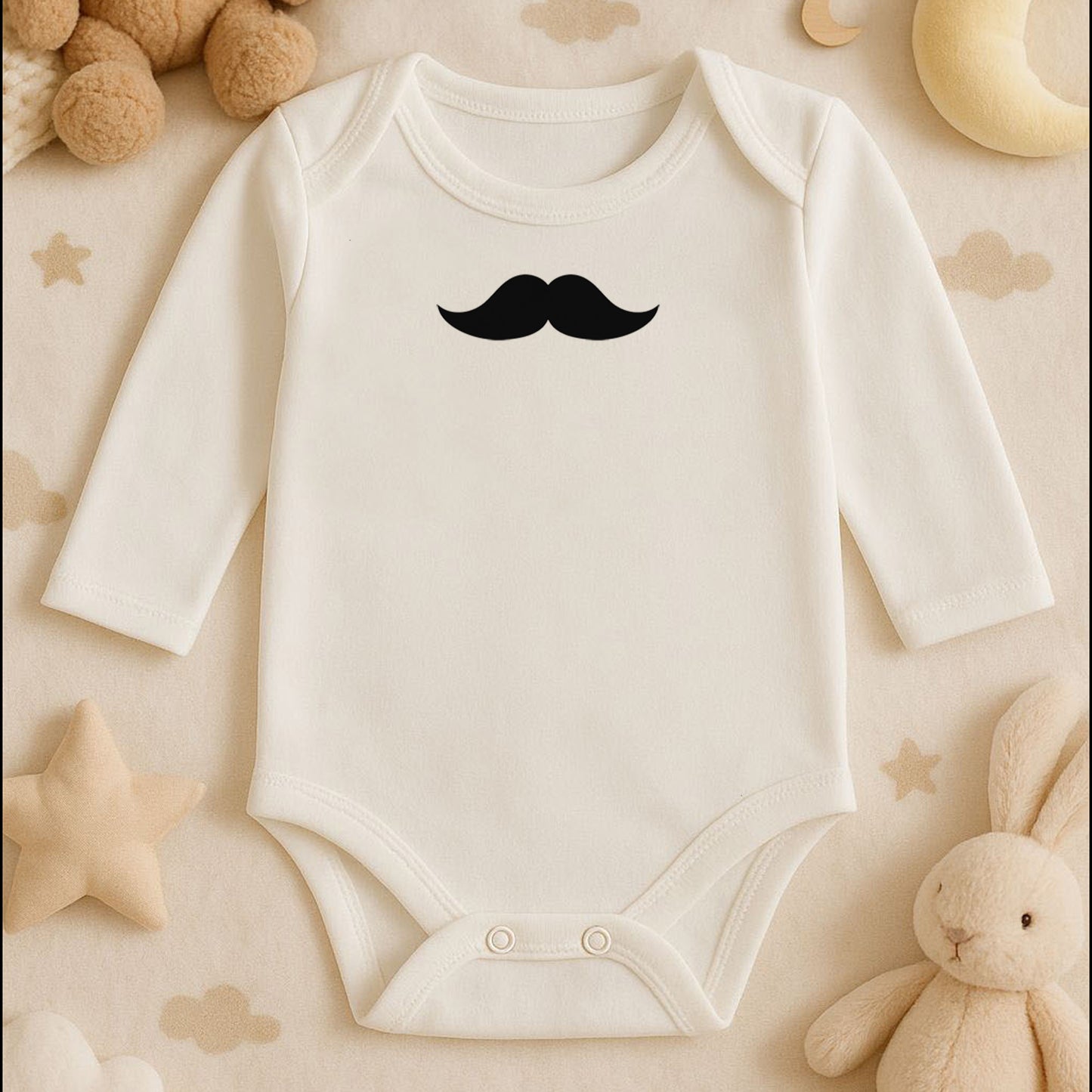 Bıyık Tasarımlı Bebek Zıbını | 1–36 Ay, DTF Baskı, Hassas Cilt Uyumlu, Eğlenceli Stil