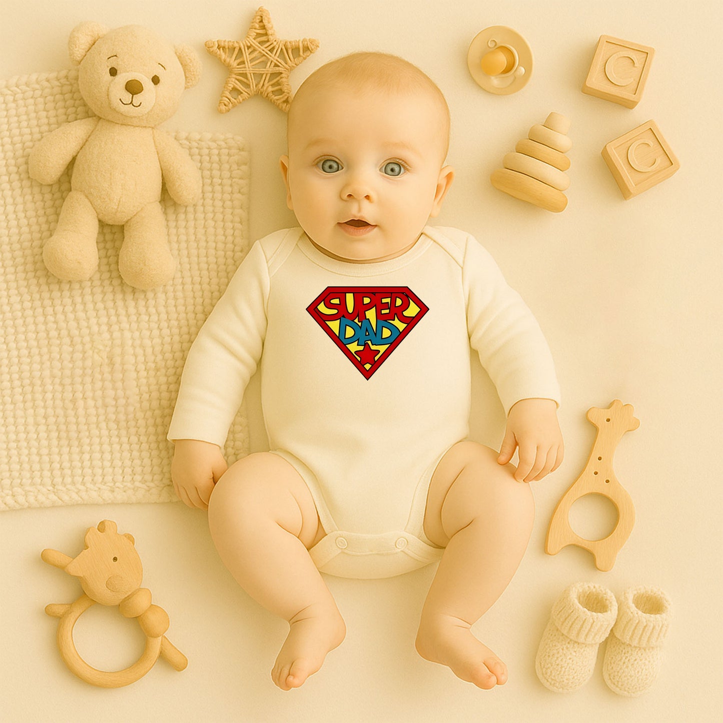 Super Dad Tasarımlı Bebek Zıbını | 1–36 Ay, DTF Baskı, Hassas Cilt Uyumlu, Baba Temalı