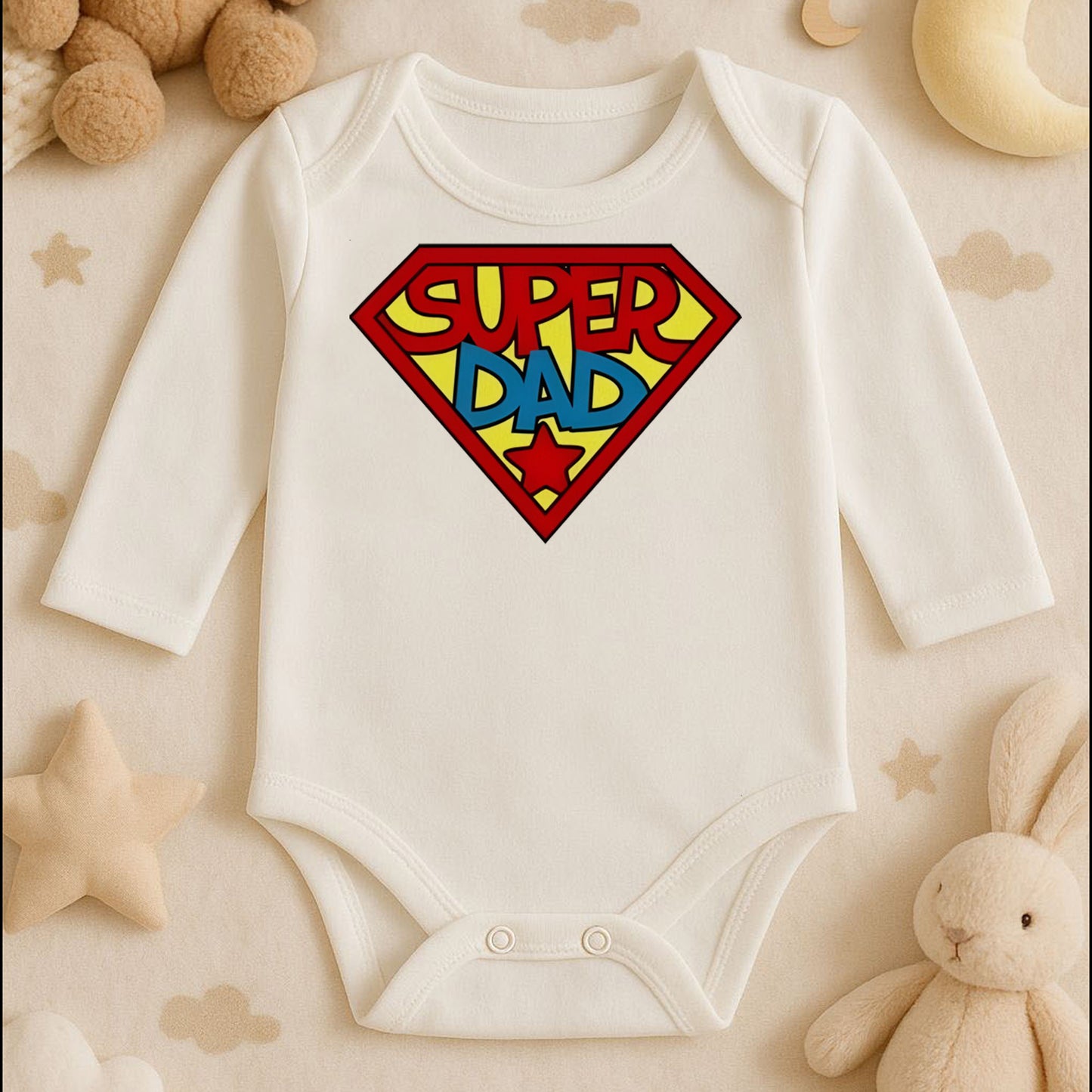 Super Dad Tasarımlı Bebek Zıbını | 1–36 Ay, DTF Baskı, Hassas Cilt Uyumlu, Baba Temalı