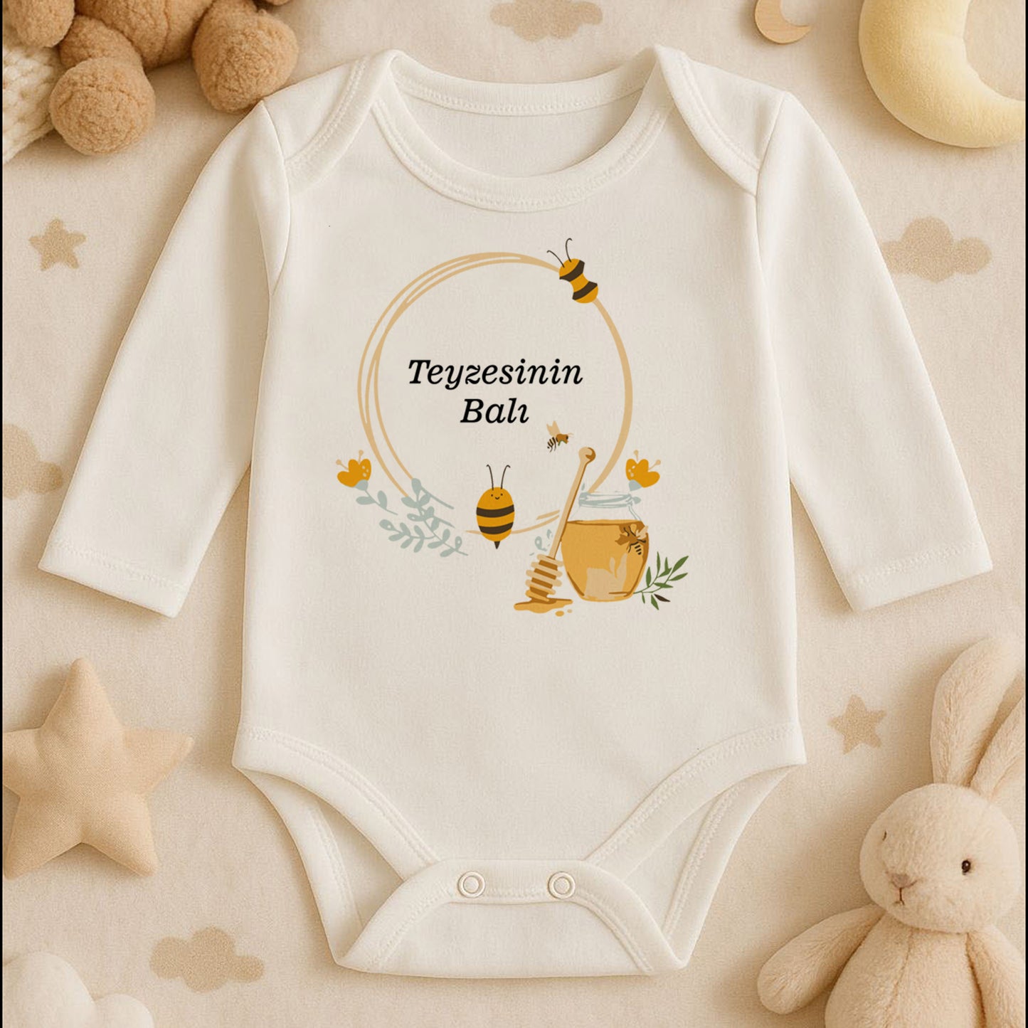 Arı & Bal Temalı Bebek Zıbını | 1–36 Ay, DTF Baskı, Hassas Cilt Uyumlu, Doğal Tasarım