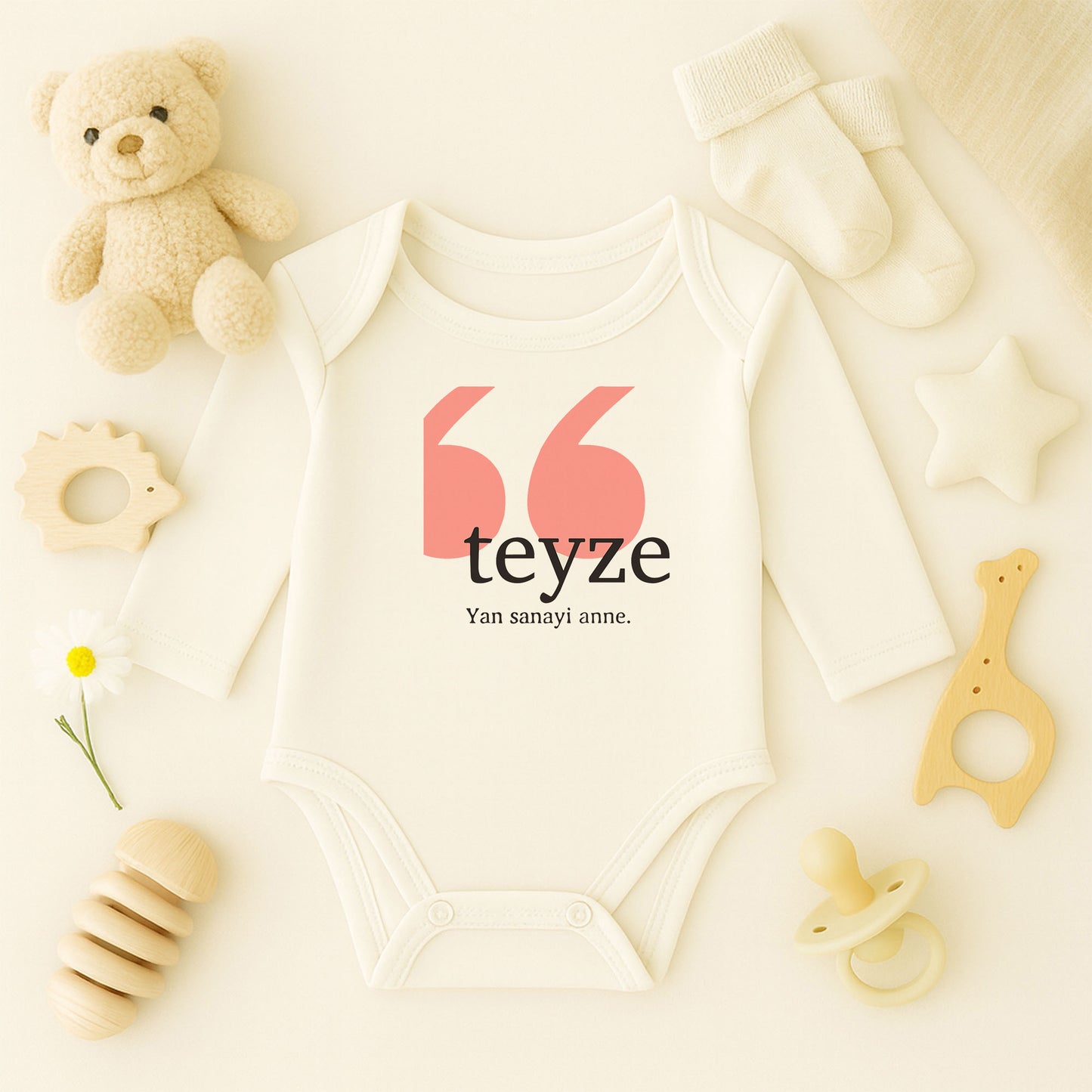 Teyze “Yan Sanayi Anne” Yazılı Bebek Zıbını | 1–24 Ay, DTF Baskı, Hassas Cilt Uyumlu