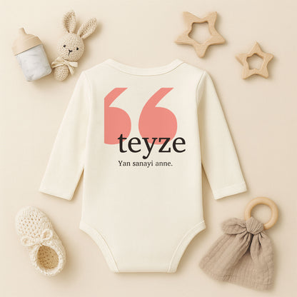 Teyze “Yan Sanayi Anne” Yazılı Bebek Zıbını | 1–24 Ay, DTF Baskı, Hassas Cilt Uyumlu