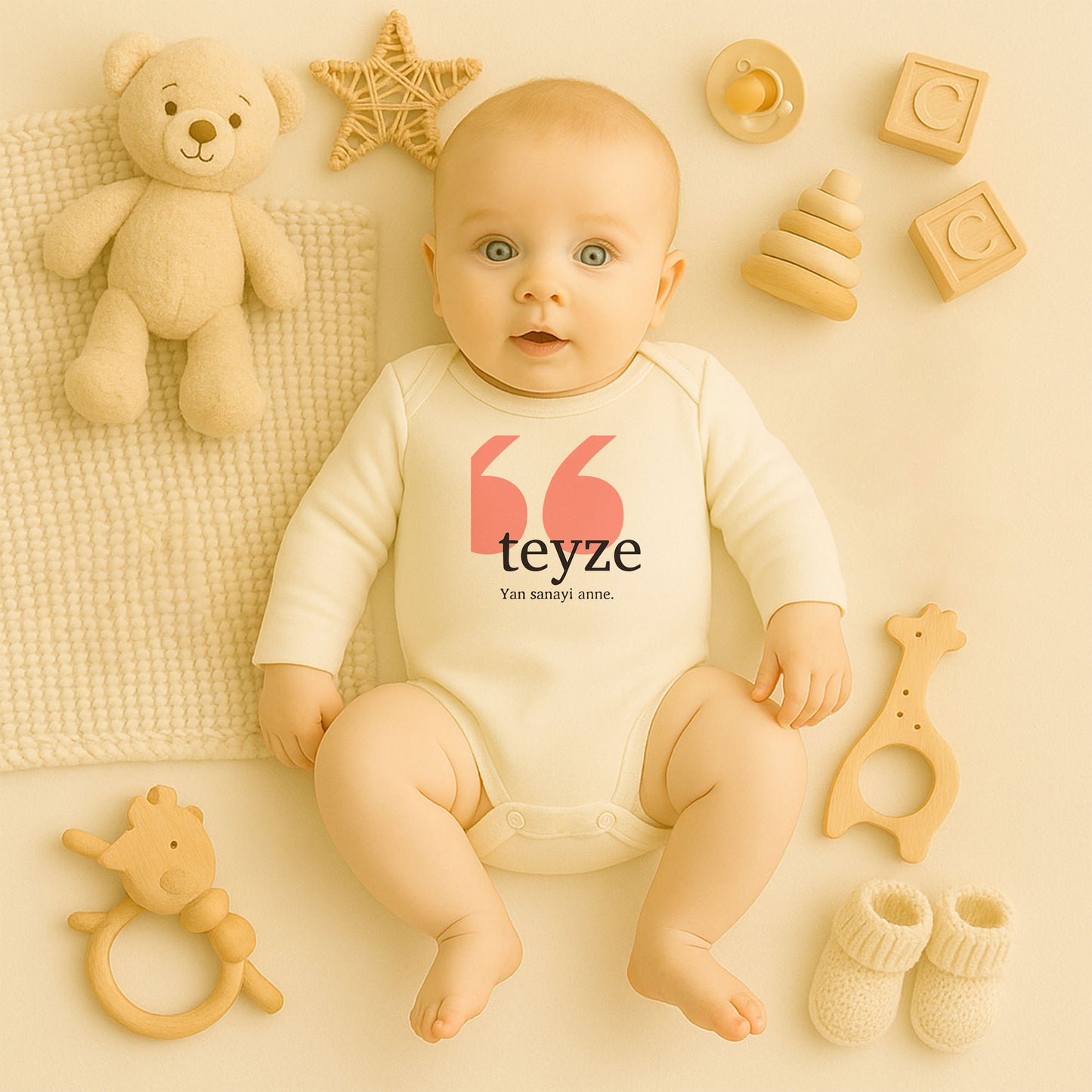 Teyze “Yan Sanayi Anne” Yazılı Bebek Zıbını | 1–24 Ay, DTF Baskı, Hassas Cilt Uyumlu
