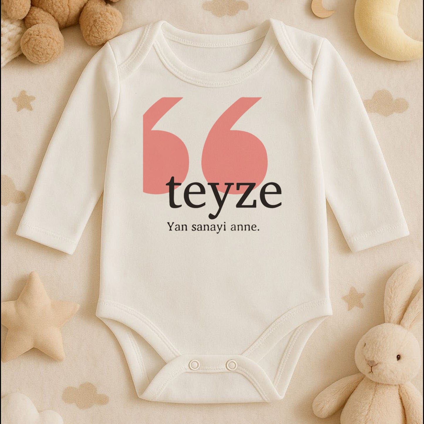 Teyze “Yan Sanayi Anne” Yazılı Bebek Zıbını | 1–24 Ay, DTF Baskı, Hassas Cilt Uyumlu