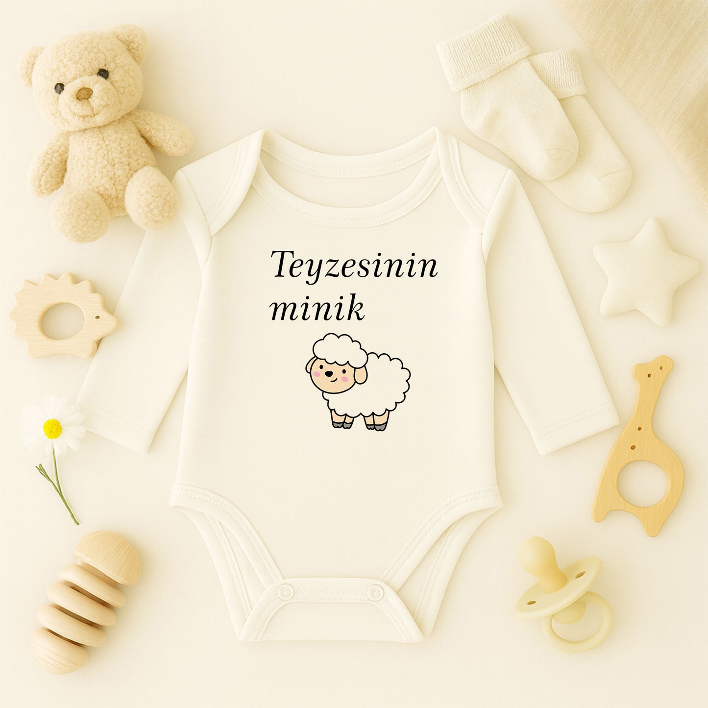 Minimal Siyah Kuzu Tasarımlı Bebek Zıbını | 1–36 Ay, DTF Baskı, Hassas Cilt Uyumlu