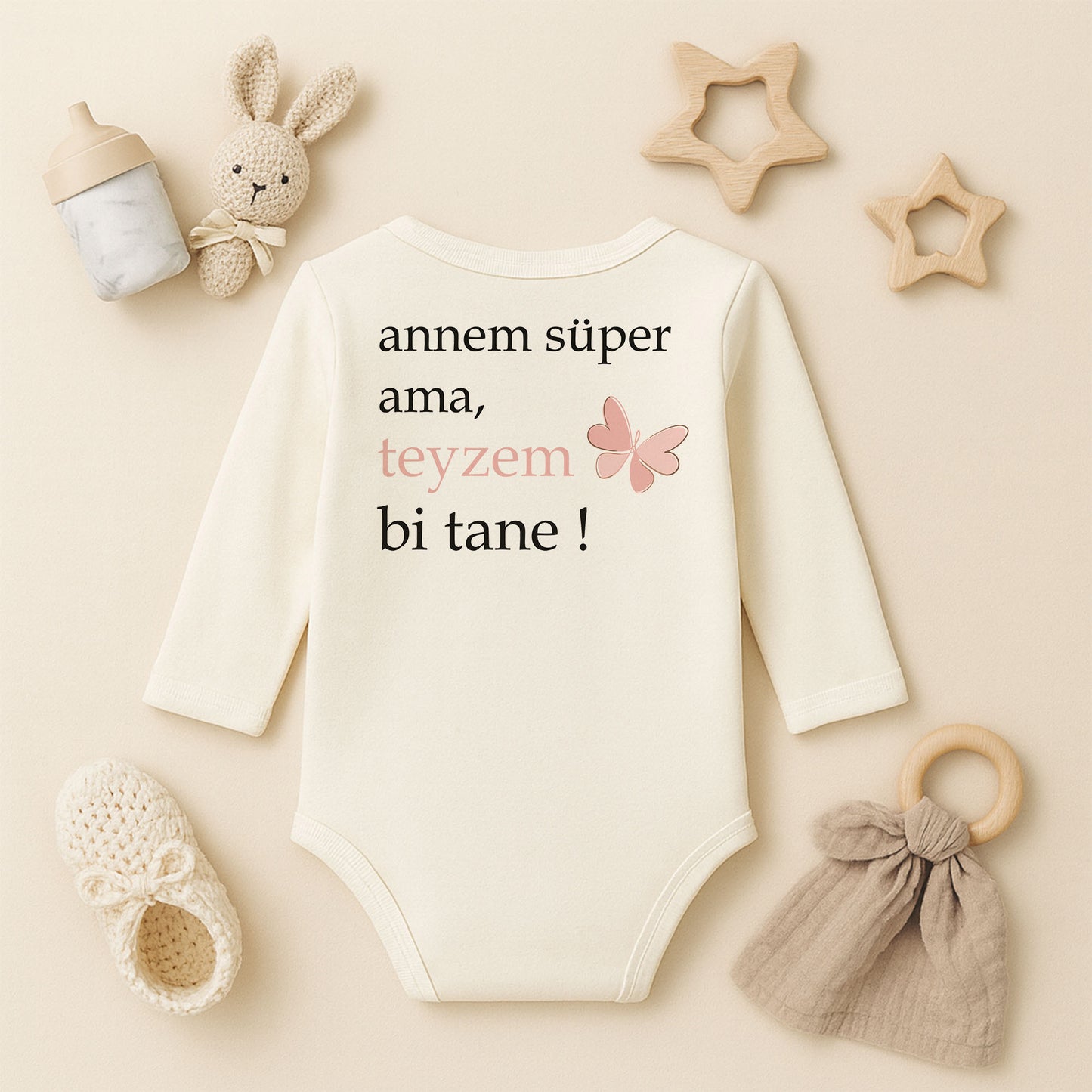 “Annem Süper Ama Teyzem Bi Tane!” Yazılı Bebek Zıbını | 1–36 Ay, DTF Baskı