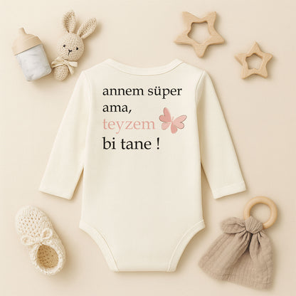 “Annem Süper Ama Teyzem Bi Tane!” Yazılı Bebek Zıbını | 1–36 Ay, DTF Baskı