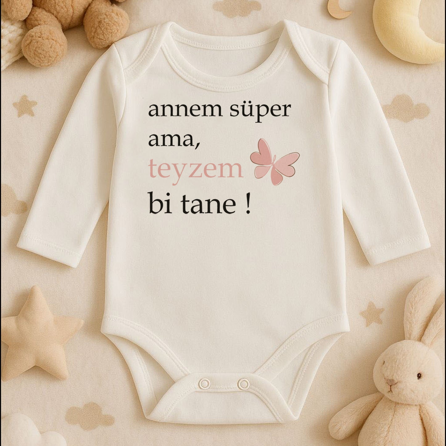 “Annem Süper Ama Teyzem Bi Tane!” Yazılı Bebek Zıbını | 1–36 Ay, DTF Baskı