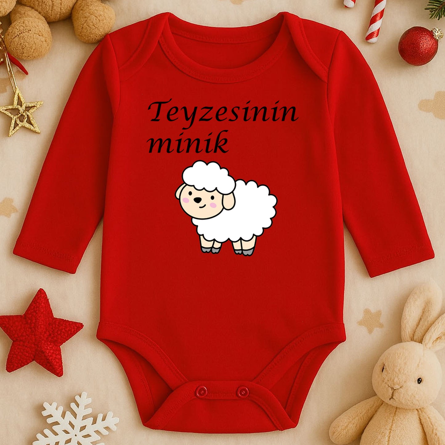 Beyaz Kuzu Tasarımlı Bebek Zıbını | 1–36 Ay, DTF Baskı, Hassas Cilt Uyumlu, Unisex