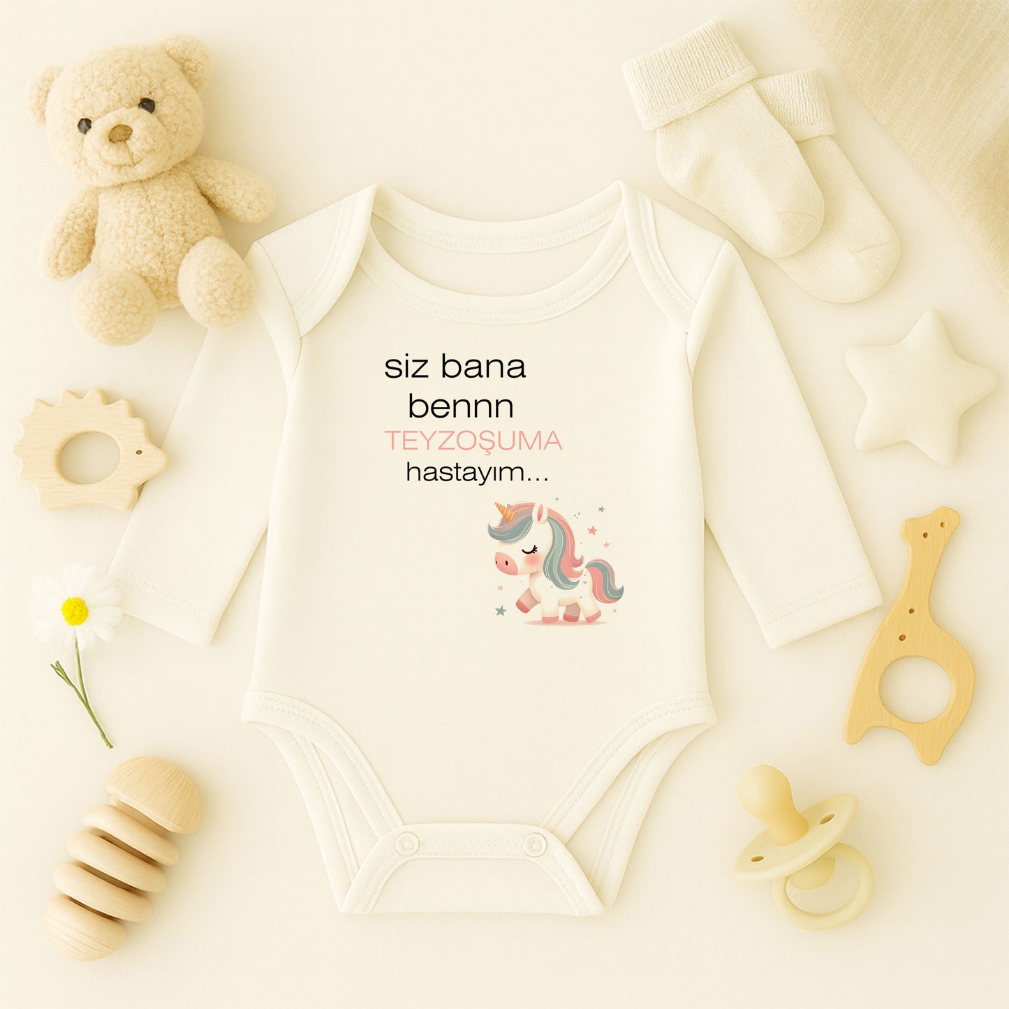 “Teyzoşuma” Unicorn Tasarımlı Bebek Zıbını | 1–36 Ay, DTF Baskı, Hassas Cilt Uyumlu