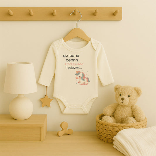 “Teyzoşuma” Unicorn Tasarımlı Bebek Zıbını | 1–36 Ay, DTF Baskı, Hassas Cilt Uyumlu