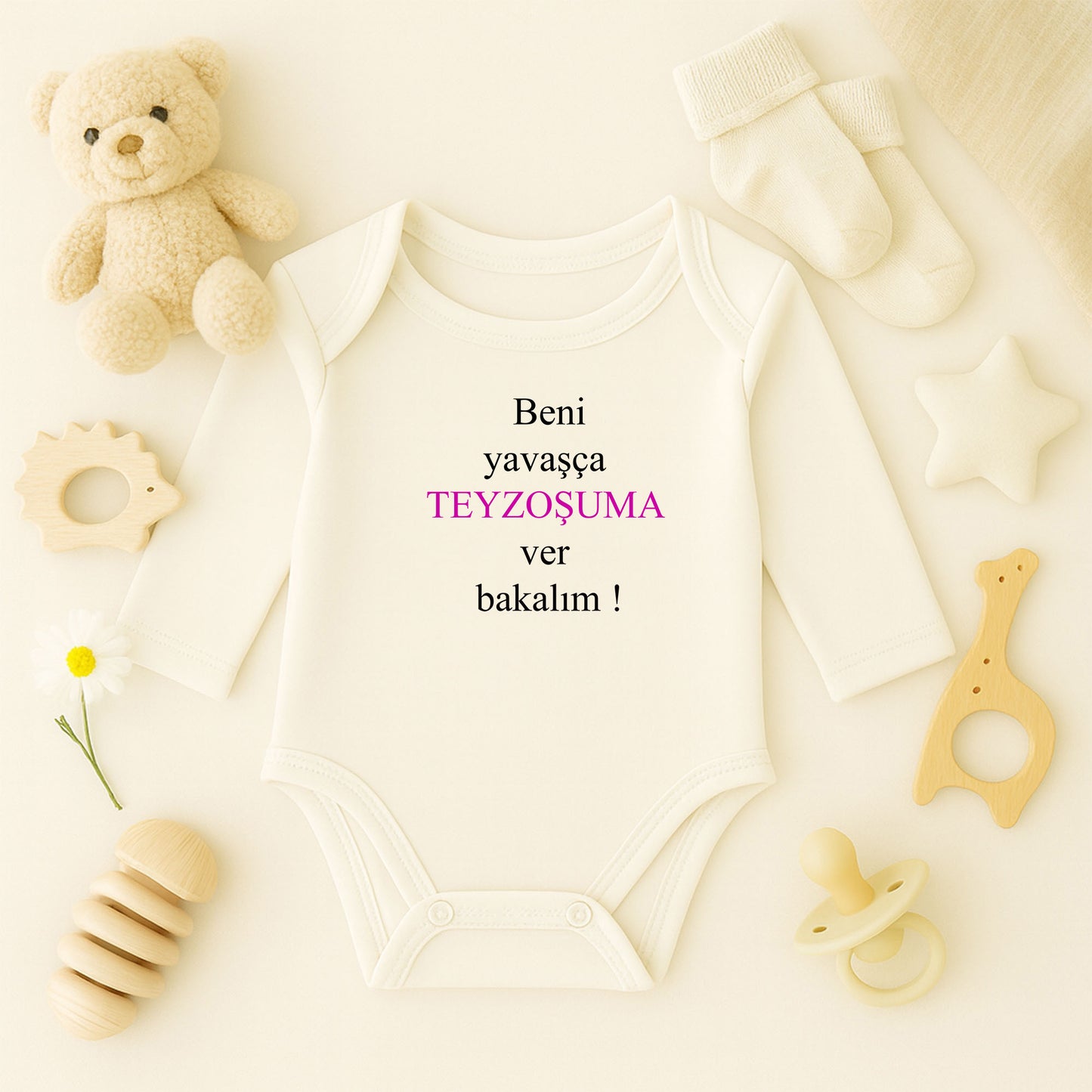 “ Beni Yavaşça Teyzoşuma Ver” Yazılı Bebek Zıbını | 1–36 Ay, DTF Baskı, Hassas Cilt Uyumlu