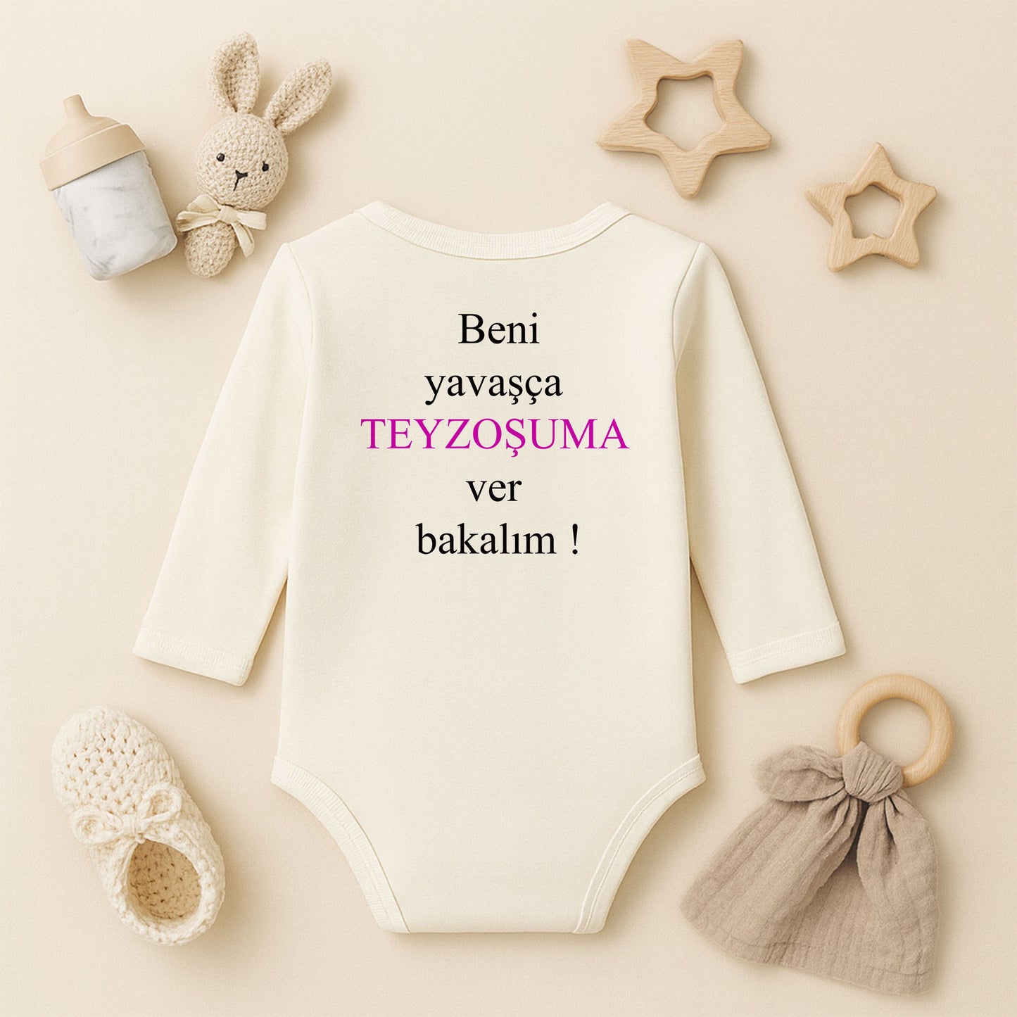 “ Beni Yavaşça Teyzoşuma Ver” Yazılı Bebek Zıbını | 1–36 Ay, DTF Baskı, Hassas Cilt Uyumlu