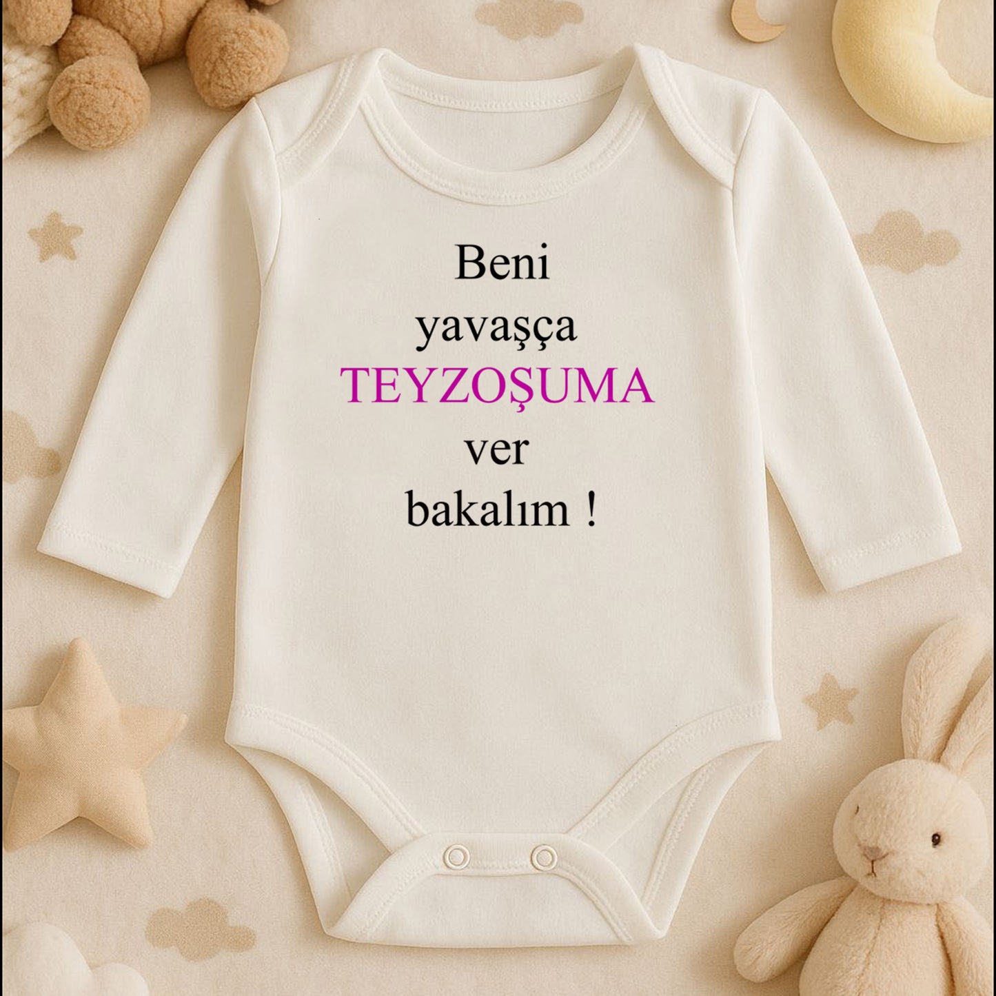 “ Beni Yavaşça Teyzoşuma Ver” Yazılı Bebek Zıbını | 1–36 Ay, DTF Baskı, Hassas Cilt Uyumlu