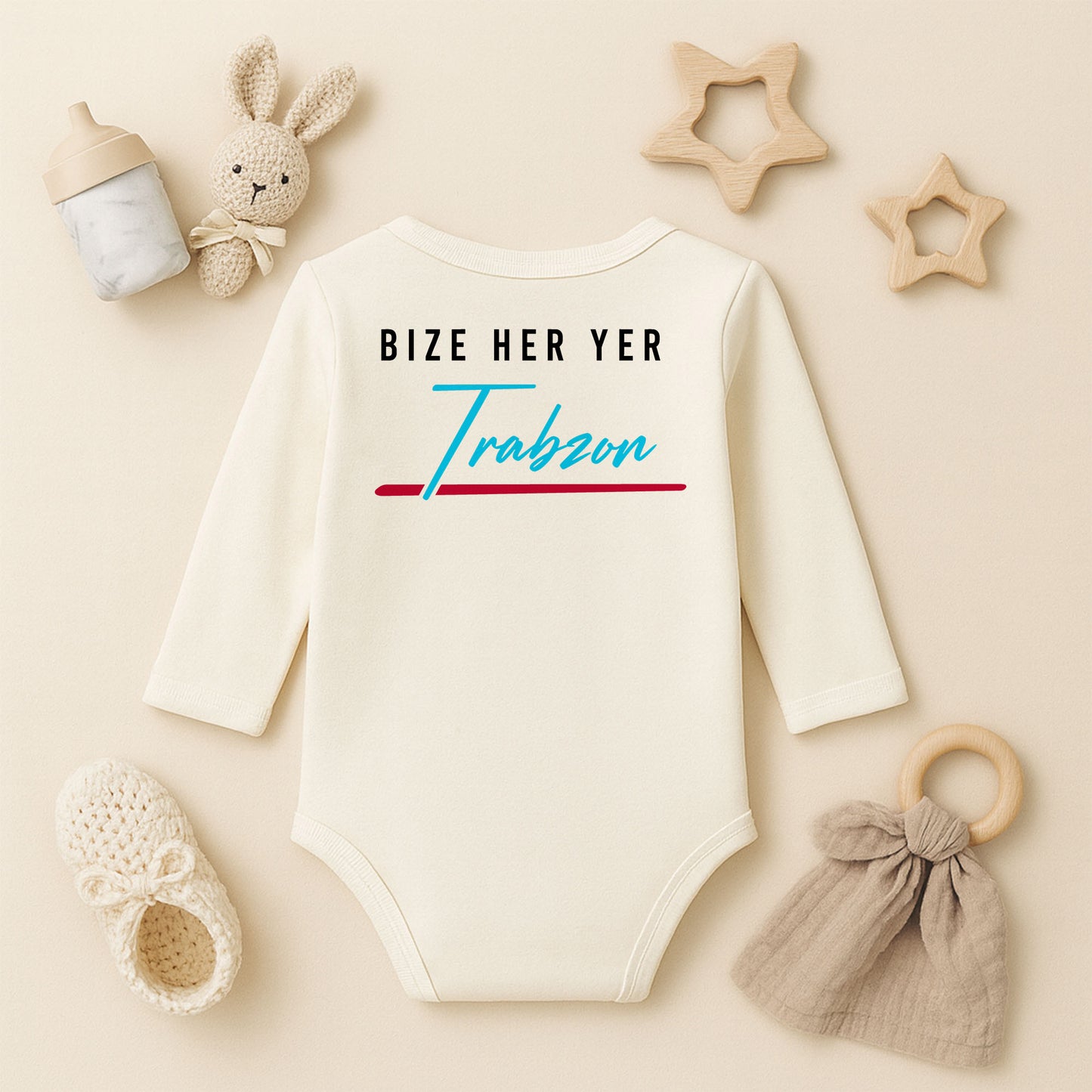 Trabzon Yazılı Bebek Zıbını | 1–36 Ay, DTF Baskı, Hassas Cilt Uyumlu Şehir Temalı Zıbın