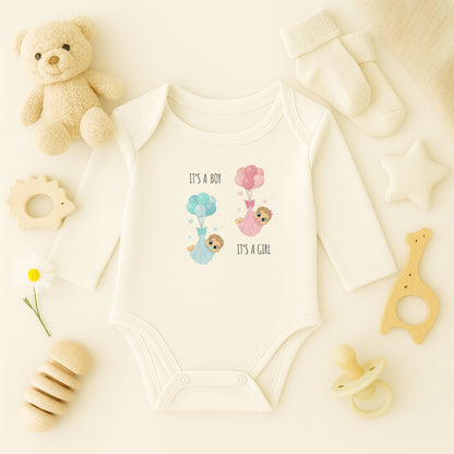 It’s a Boy / It’s a Girl Tasarımlı Bebek Zıbını | 1–36 Ay, DTF Baskı, Hassas Cilt Uyumlu