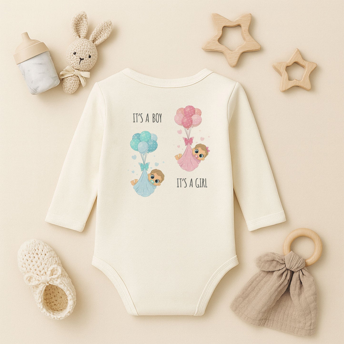 It’s a Boy / It’s a Girl Tasarımlı Bebek Zıbını | 1–36 Ay, DTF Baskı, Hassas Cilt Uyumlu