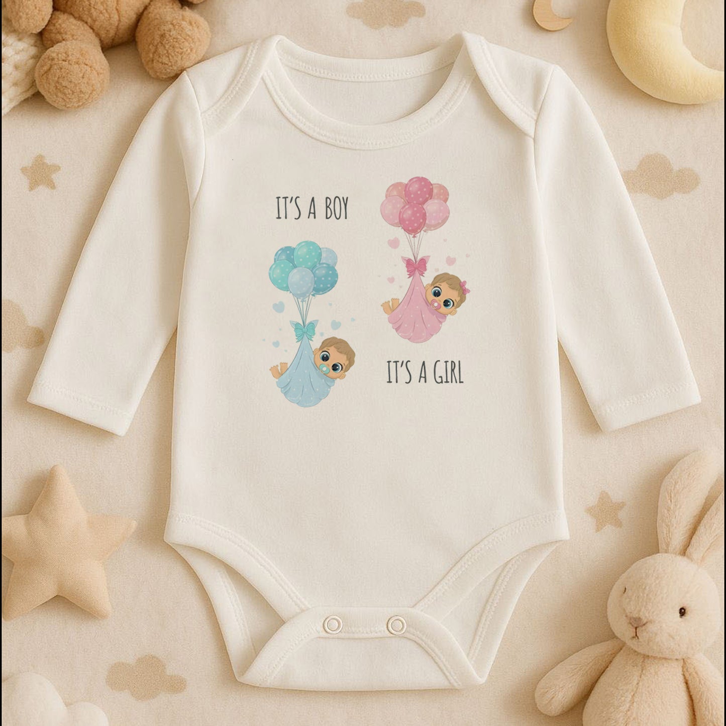 It’s a Boy / It’s a Girl Tasarımlı Bebek Zıbını | 1–36 Ay, DTF Baskı, Hassas Cilt Uyumlu