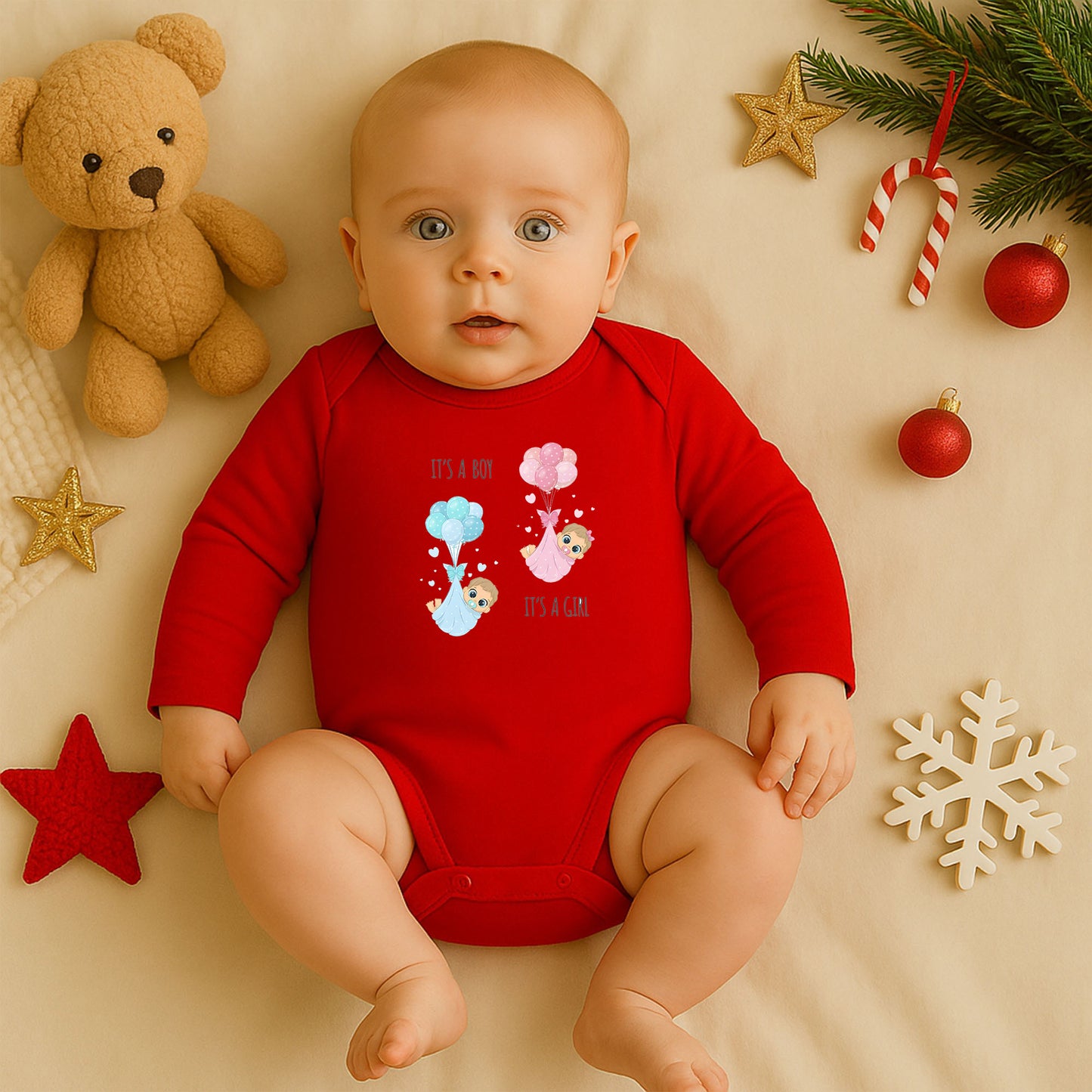 It’s a Boy / It’s a Girl Tasarımlı Bebek Zıbını | 1–36 Ay, DTF Baskı, Hassas Cilt Uyumlu