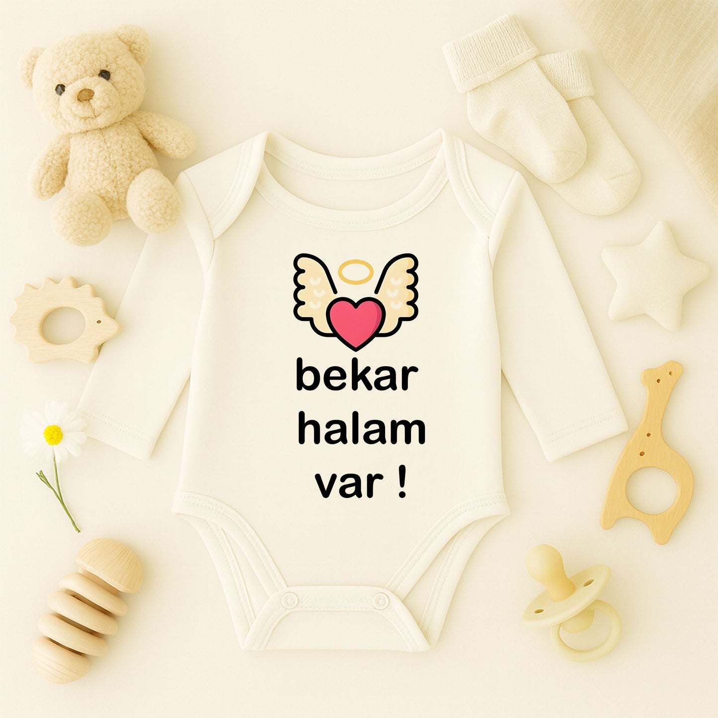 Melek Kanatlı Kalp Baskılı Bebek Zıbını | 1–36 Ay, DTF Baskı, Sevimli Tasarım