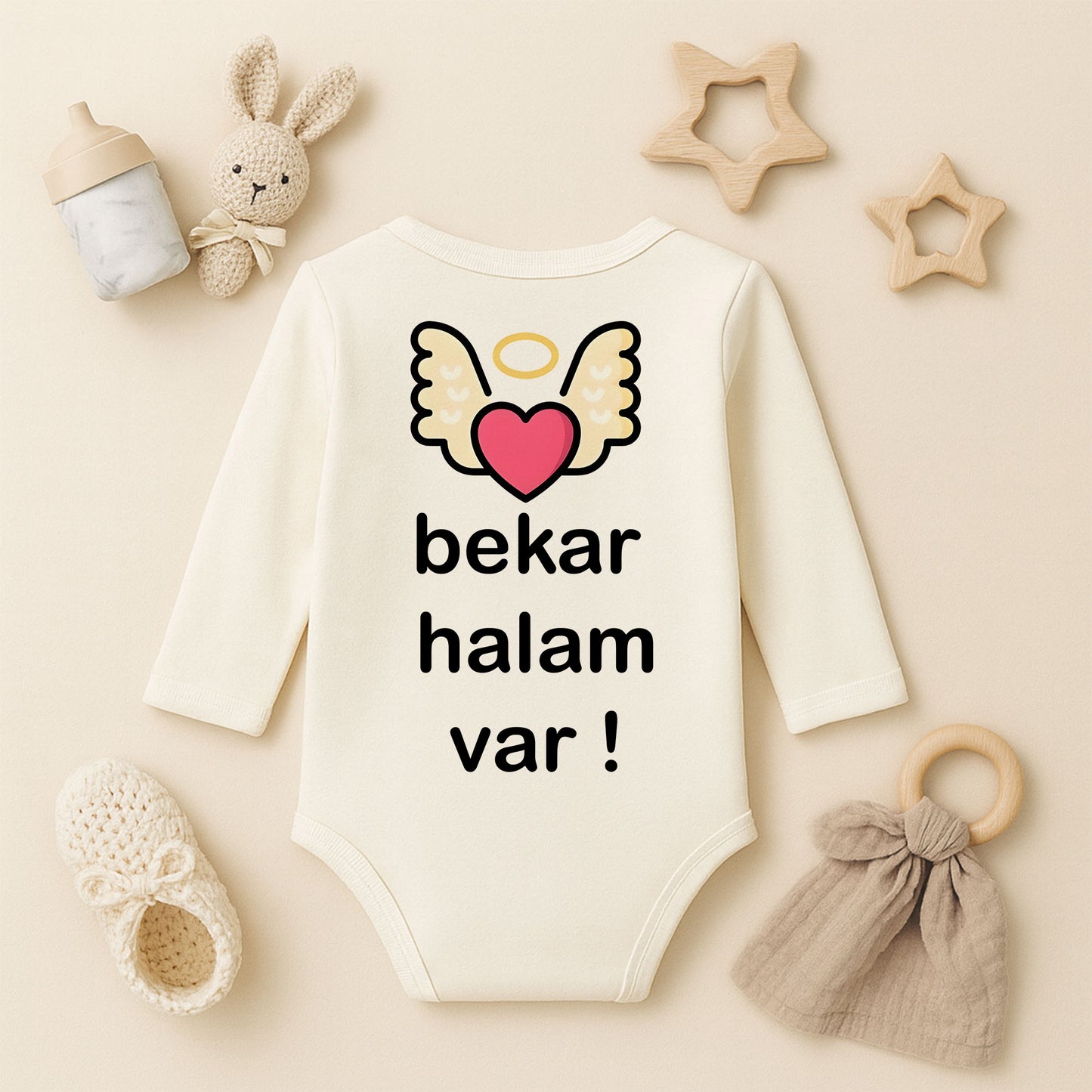 Melek Kanatlı Kalp Baskılı Bebek Zıbını | 1–36 Ay, DTF Baskı, Sevimli Tasarım