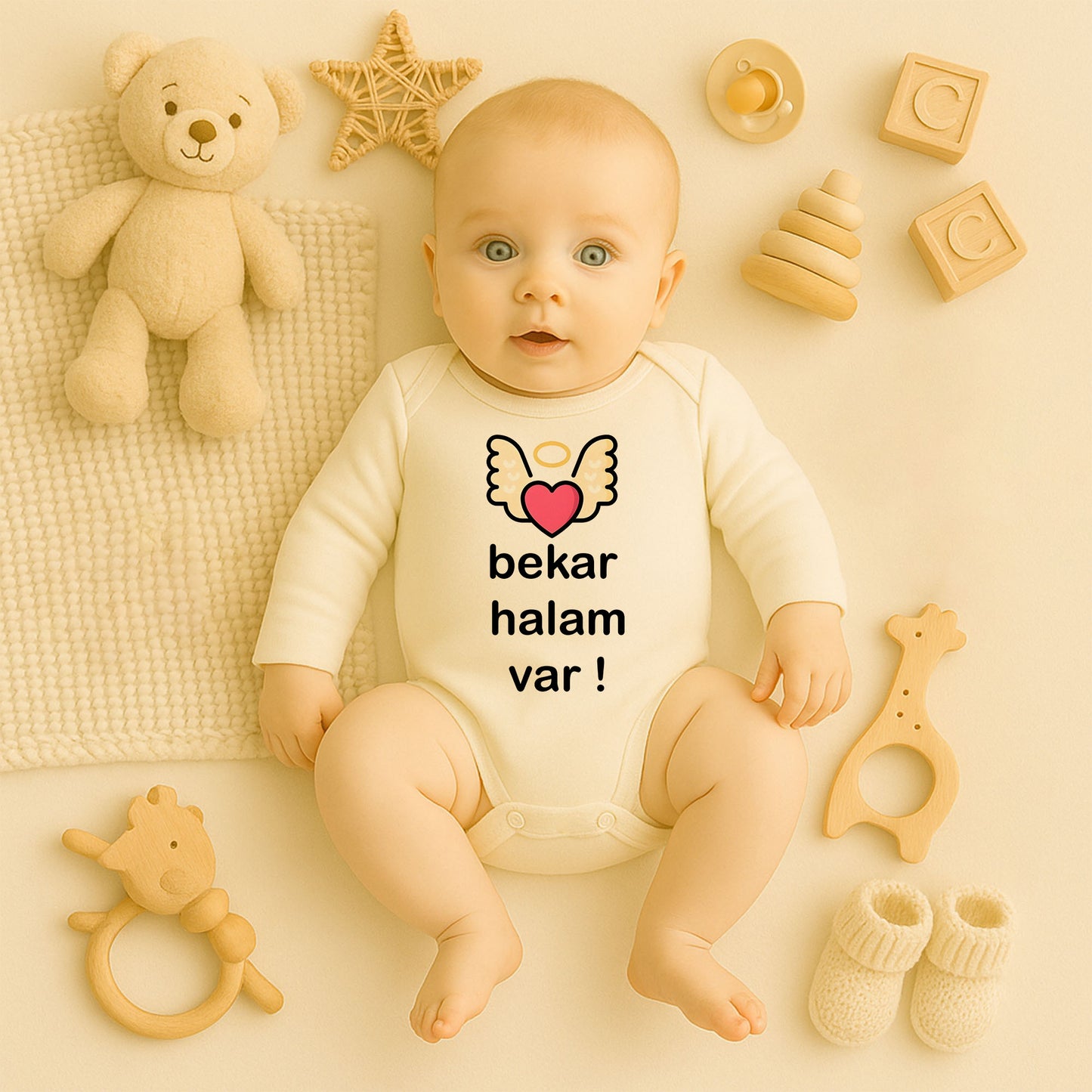 Melek Kanatlı Kalp Baskılı Bebek Zıbını | 1–36 Ay, DTF Baskı, Sevimli Tasarım