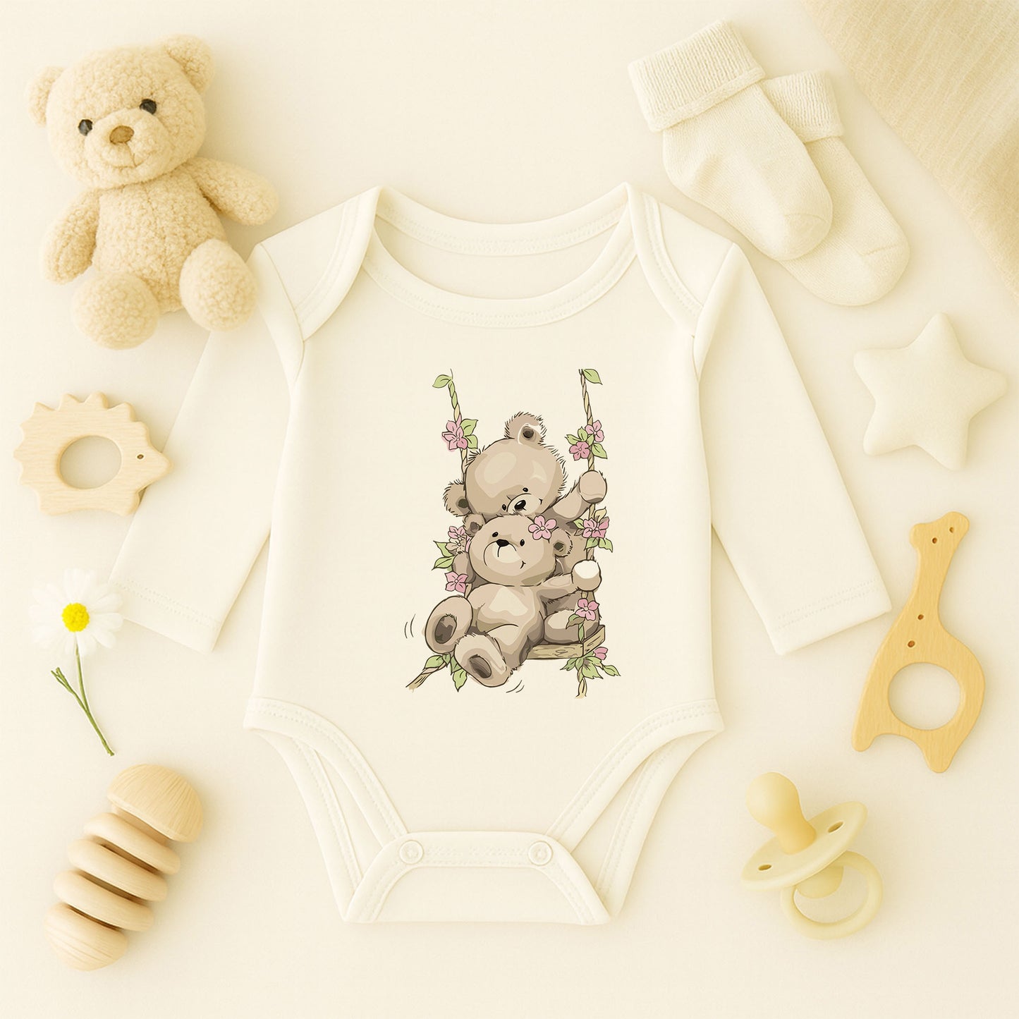 Salıncakta Ayıcık Baskılı Bebek Zıbını | 1–36 Ay, DTF Baskı, Sevimli & Pastel Tasarım