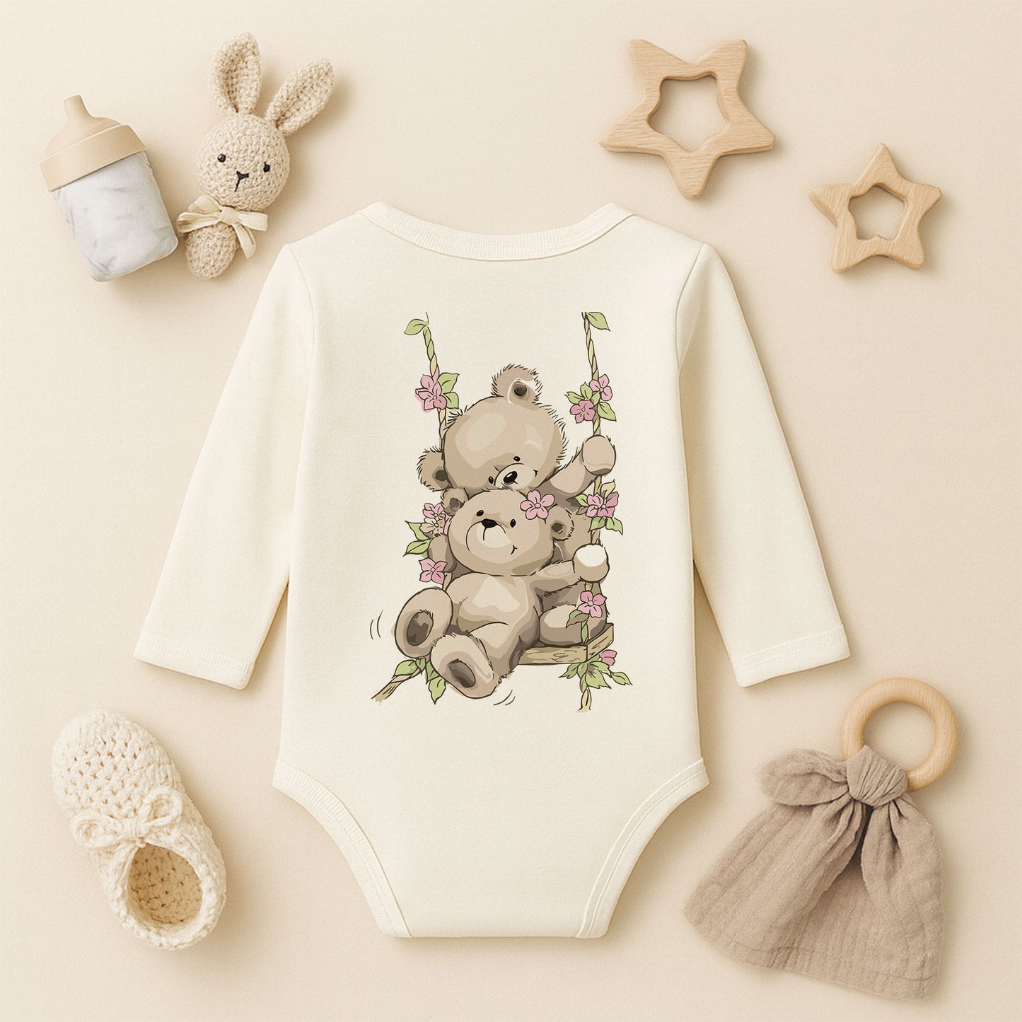 Salıncakta Ayıcık Baskılı Bebek Zıbını | 1–36 Ay, DTF Baskı, Sevimli & Pastel Tasarım