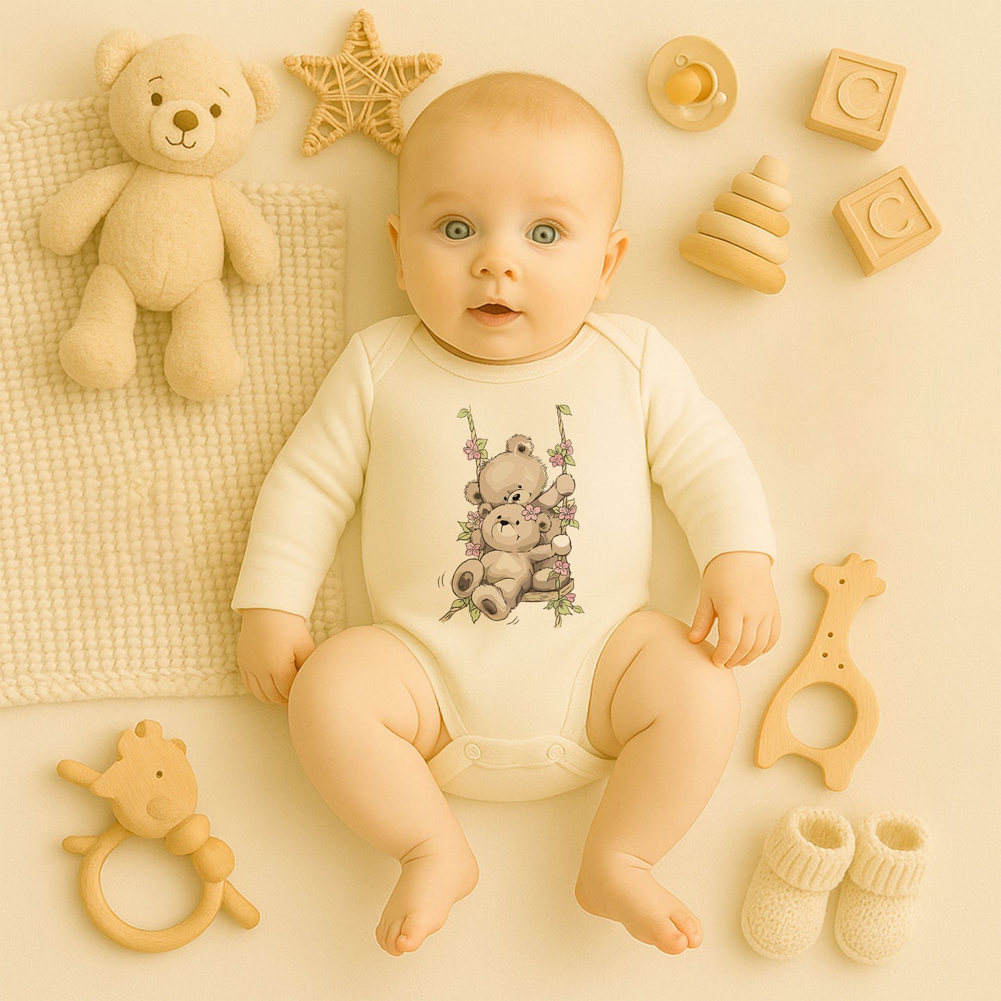 Salıncakta Ayıcık Baskılı Bebek Zıbını | 1–36 Ay, DTF Baskı, Sevimli & Pastel Tasarım