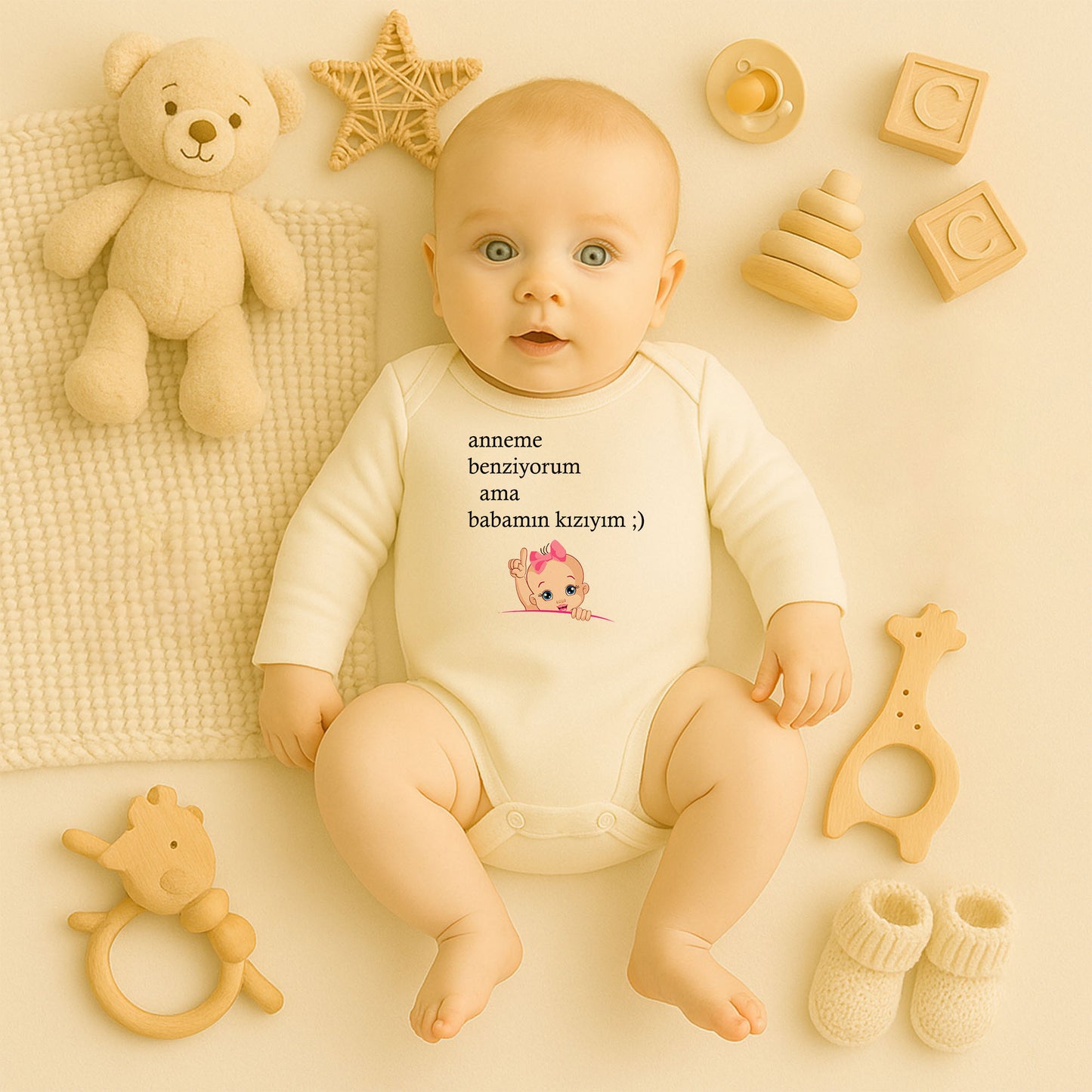 Parmak Kaldıran Kız Bebek Baskılı Bebek Zıbını | 1–36 Ay, DTF Baskı, Sevimli Tasarım